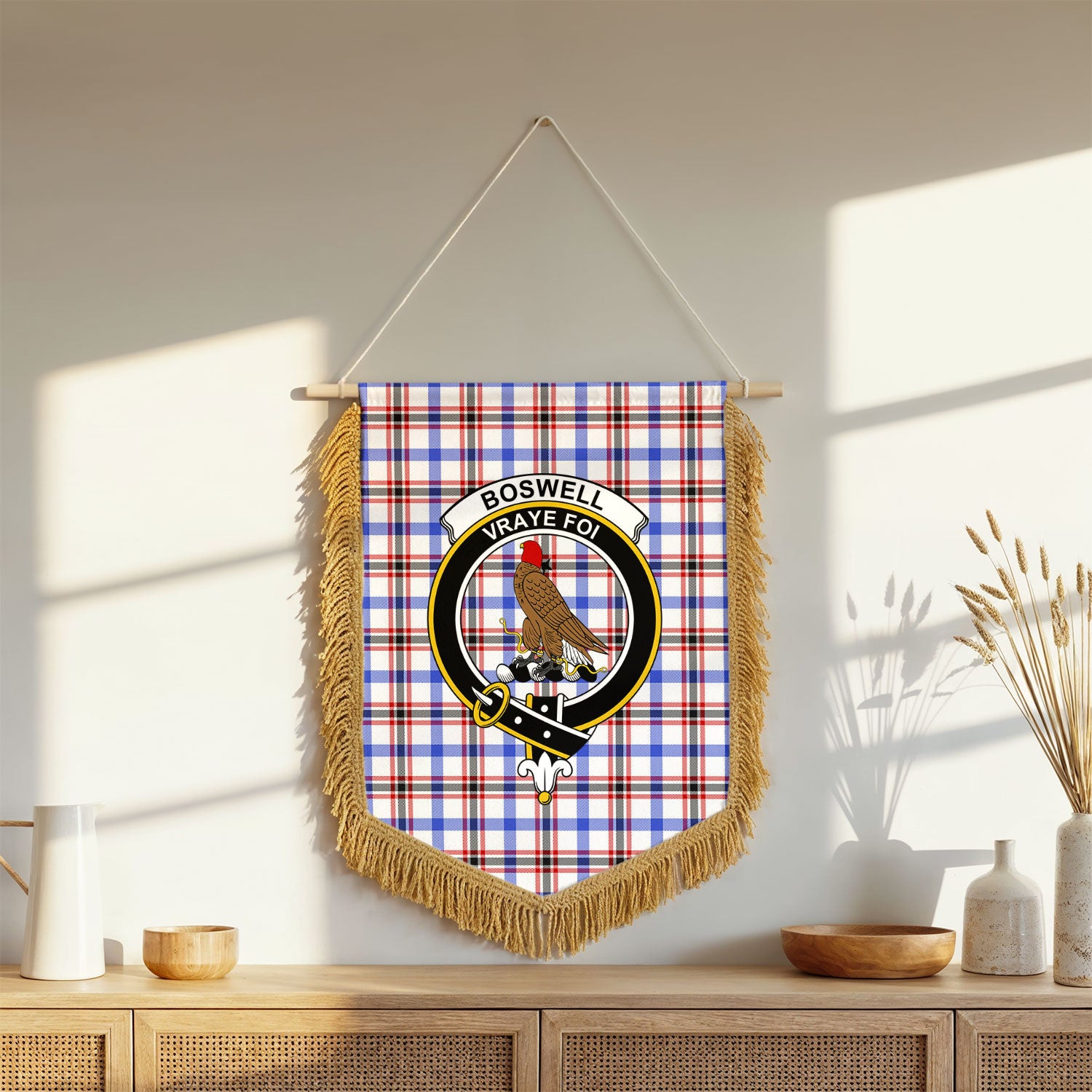 Boswell Modern Tartan Crest Wall Hanging Banner - Wood Pole