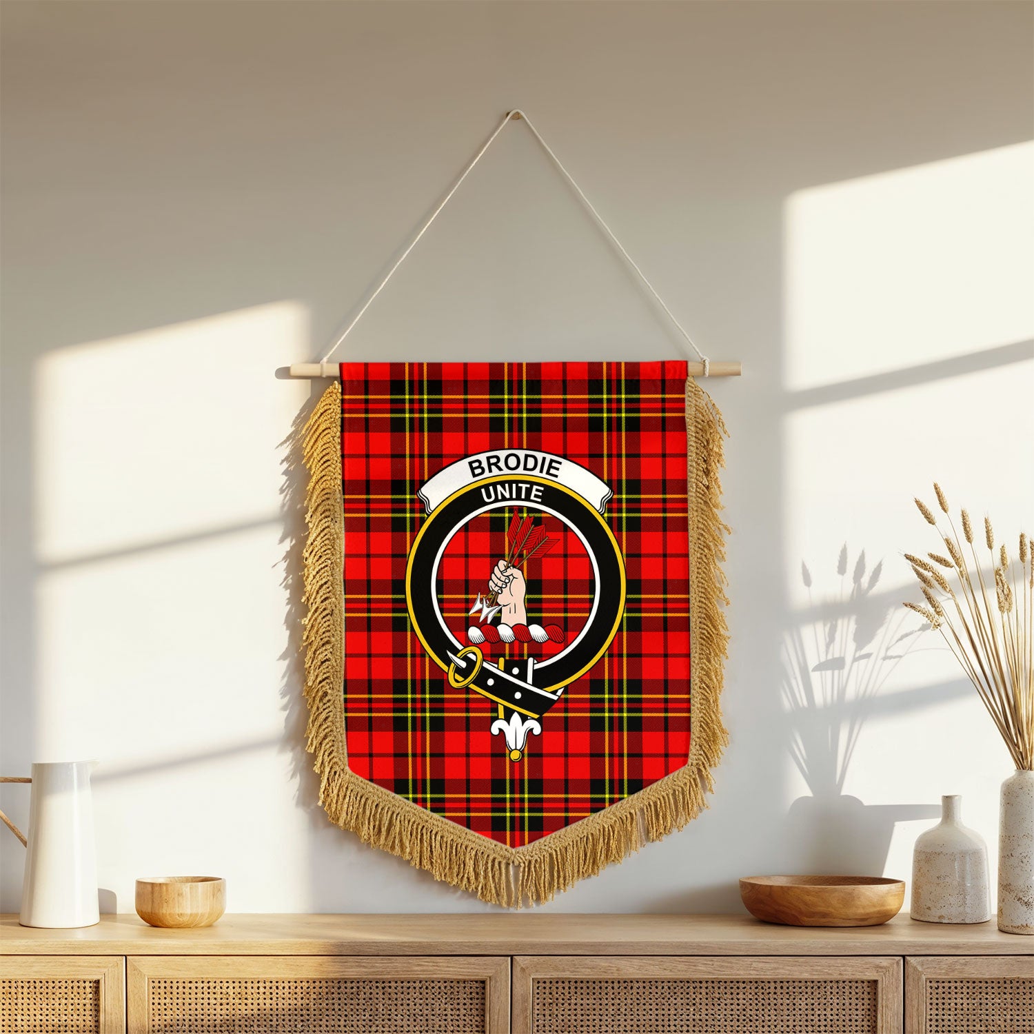 Brodie Modern Tartan Crest Wall Hanging Banner - Wood Pole