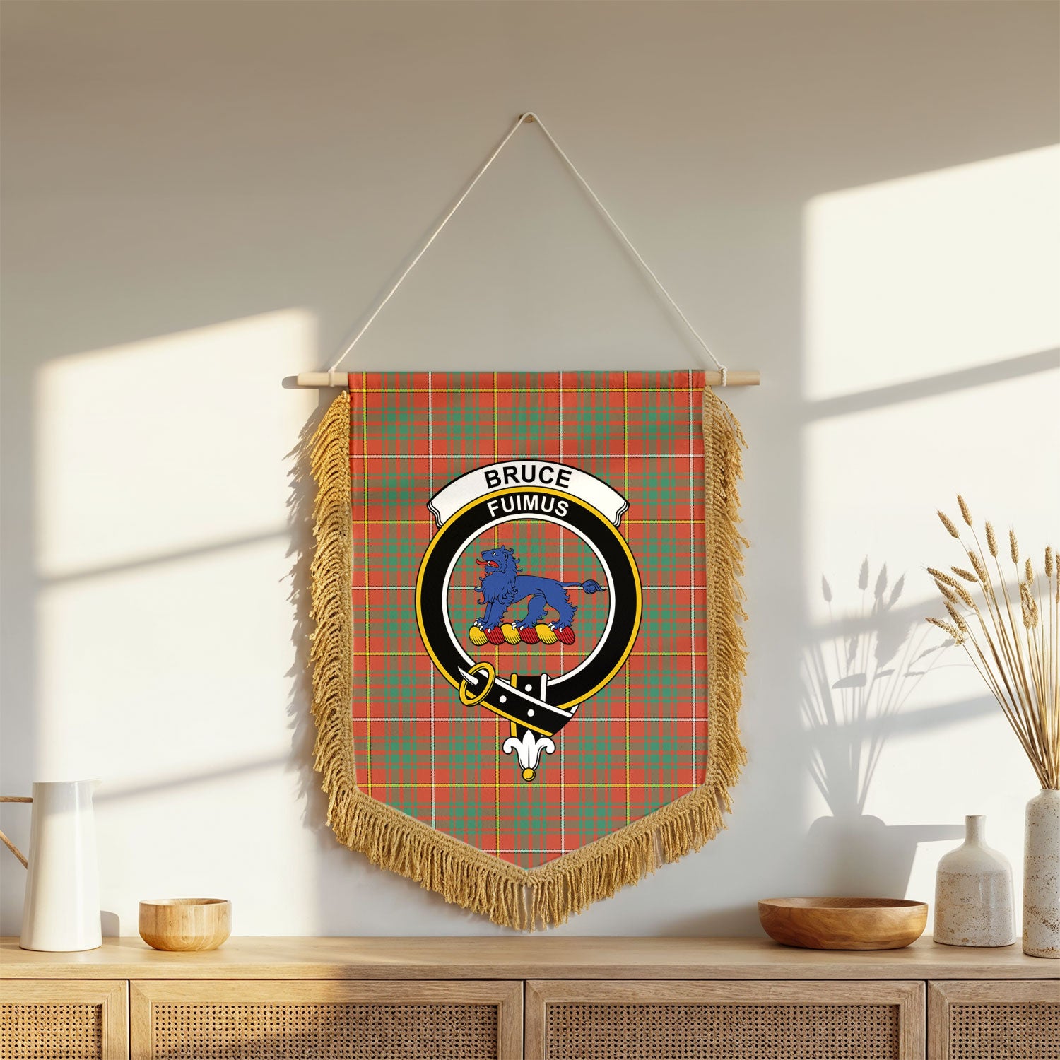 Bruce Ancient Tartan Crest Wall Hanging Banner - Wood Pole