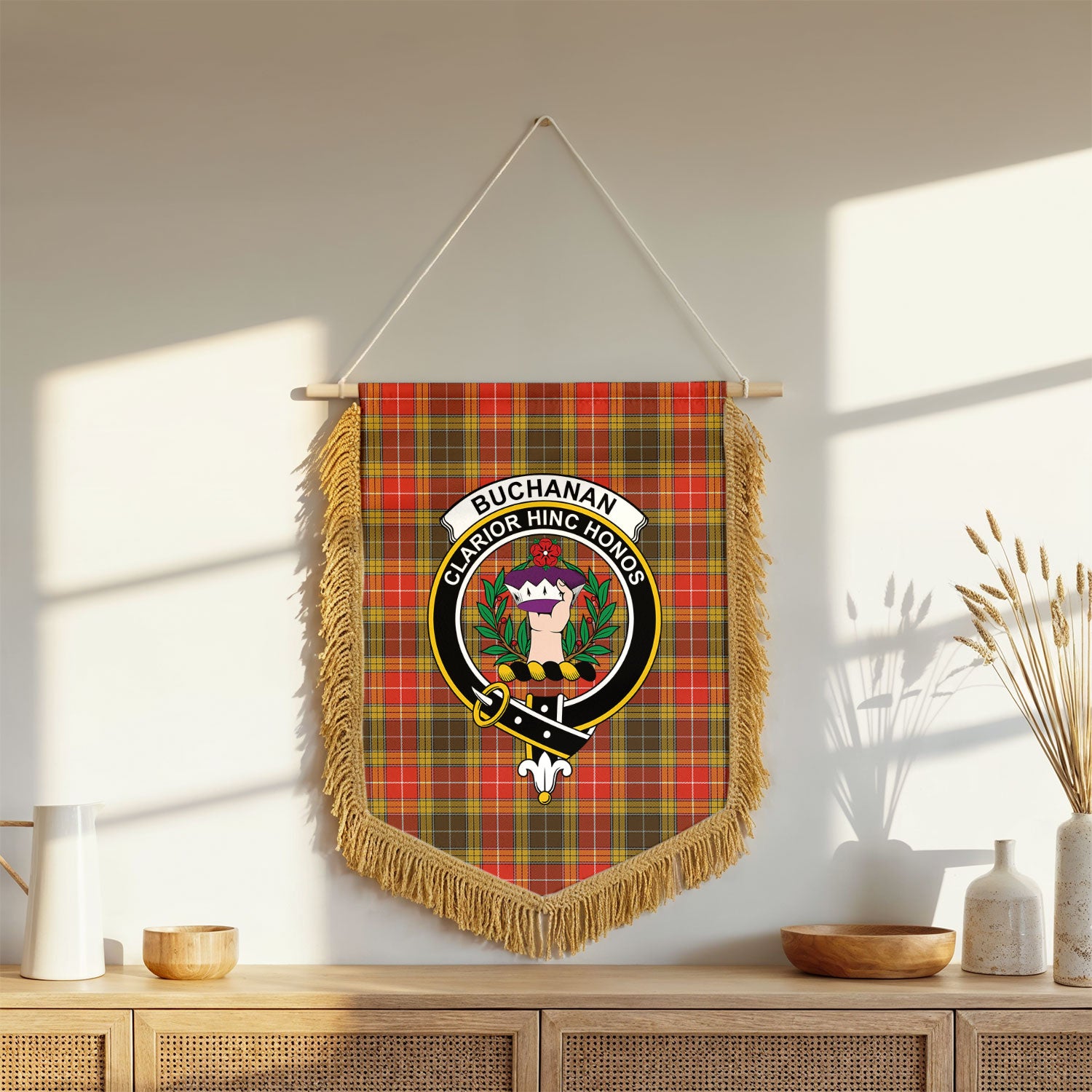Buchanan Old Set Weathered Tartan Crest Wall Hanging Banner - Wood Pole