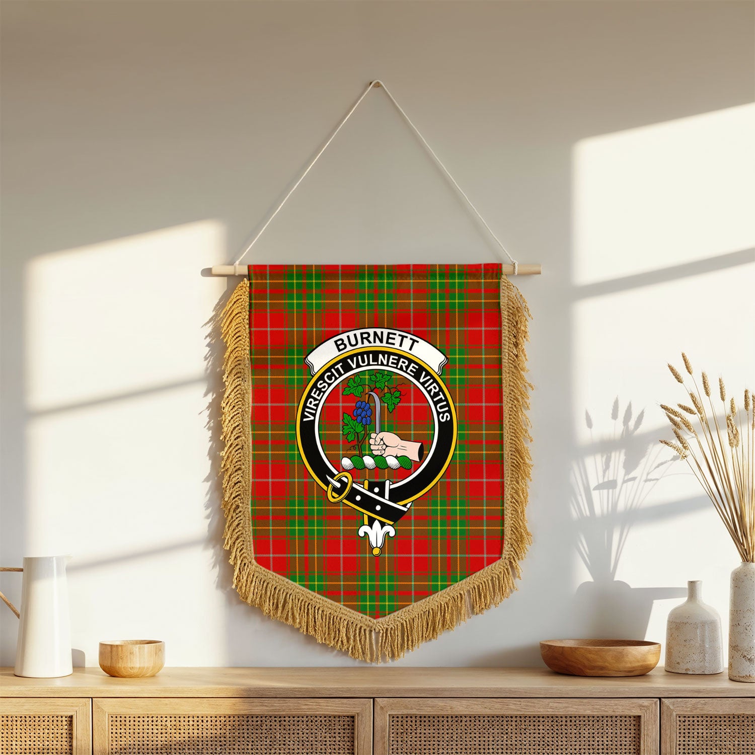 Burnett Ancient Tartan Crest Wall Hanging Banner - Wood Pole