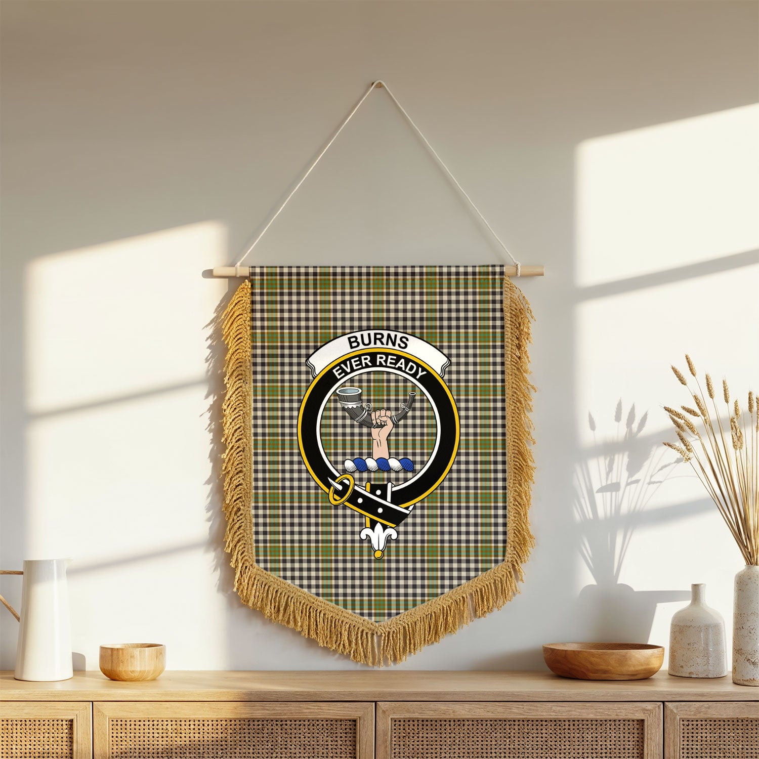 Burns Check Tartan Crest Wall Hanging Banner - Wood Pole