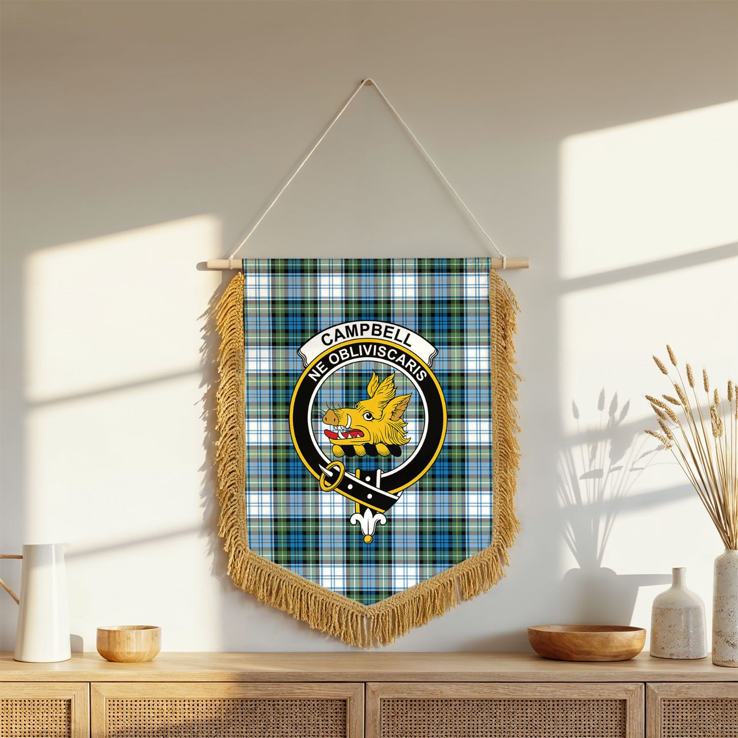 Campbell Dress Ancient Tartan Crest Wall Hanging Banner - Wood Pole