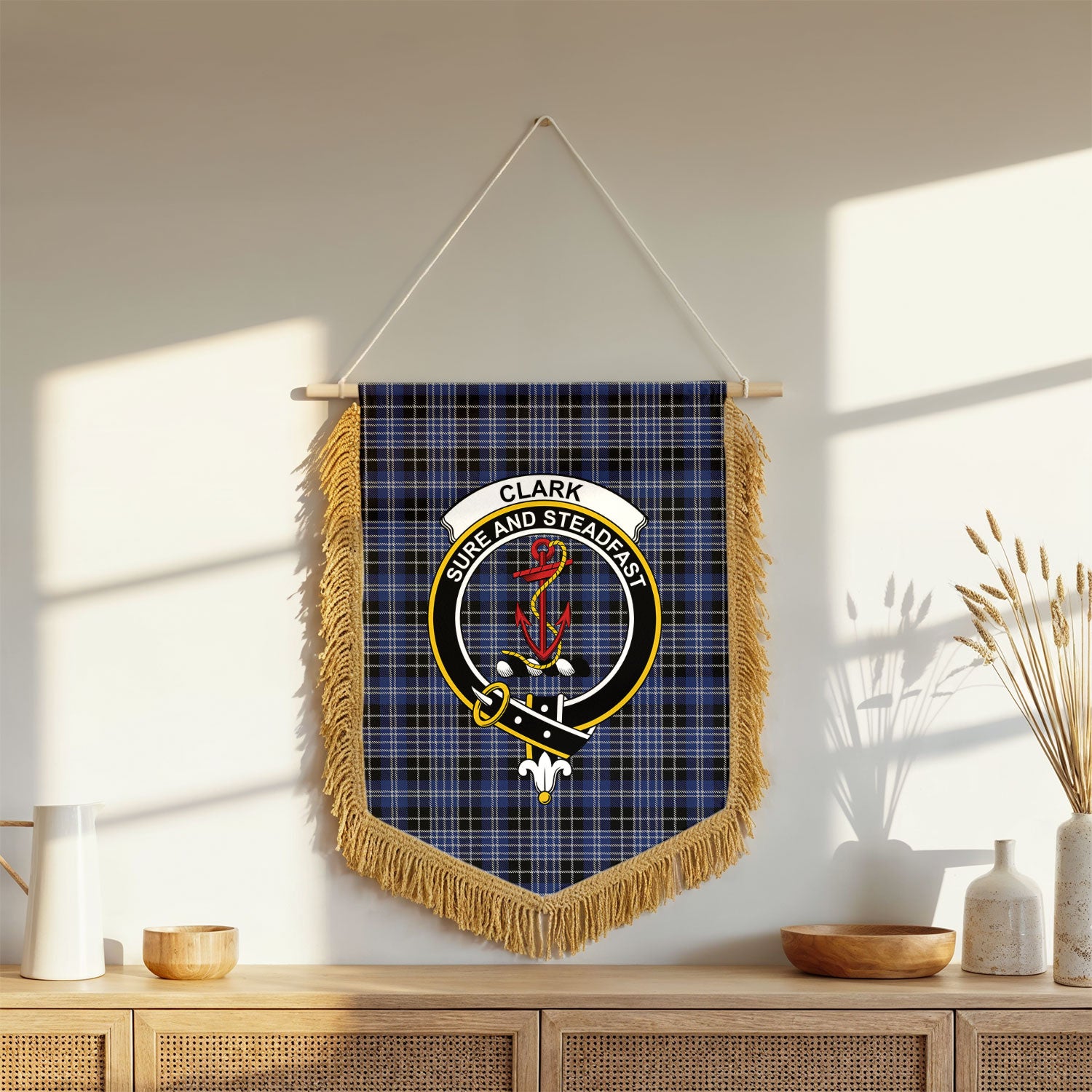 Clark Modern Tartan Crest Wall Hanging Banner - Wood Pole