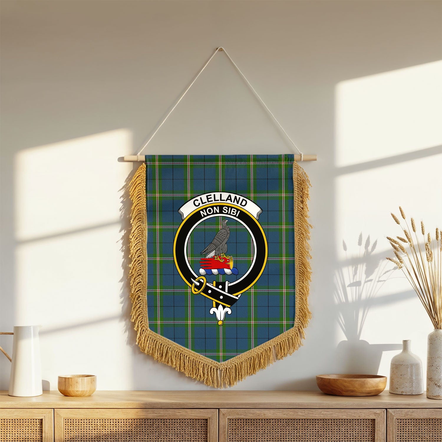 Clelland Tartan Crest Wall Hanging Banner - Wood Pole