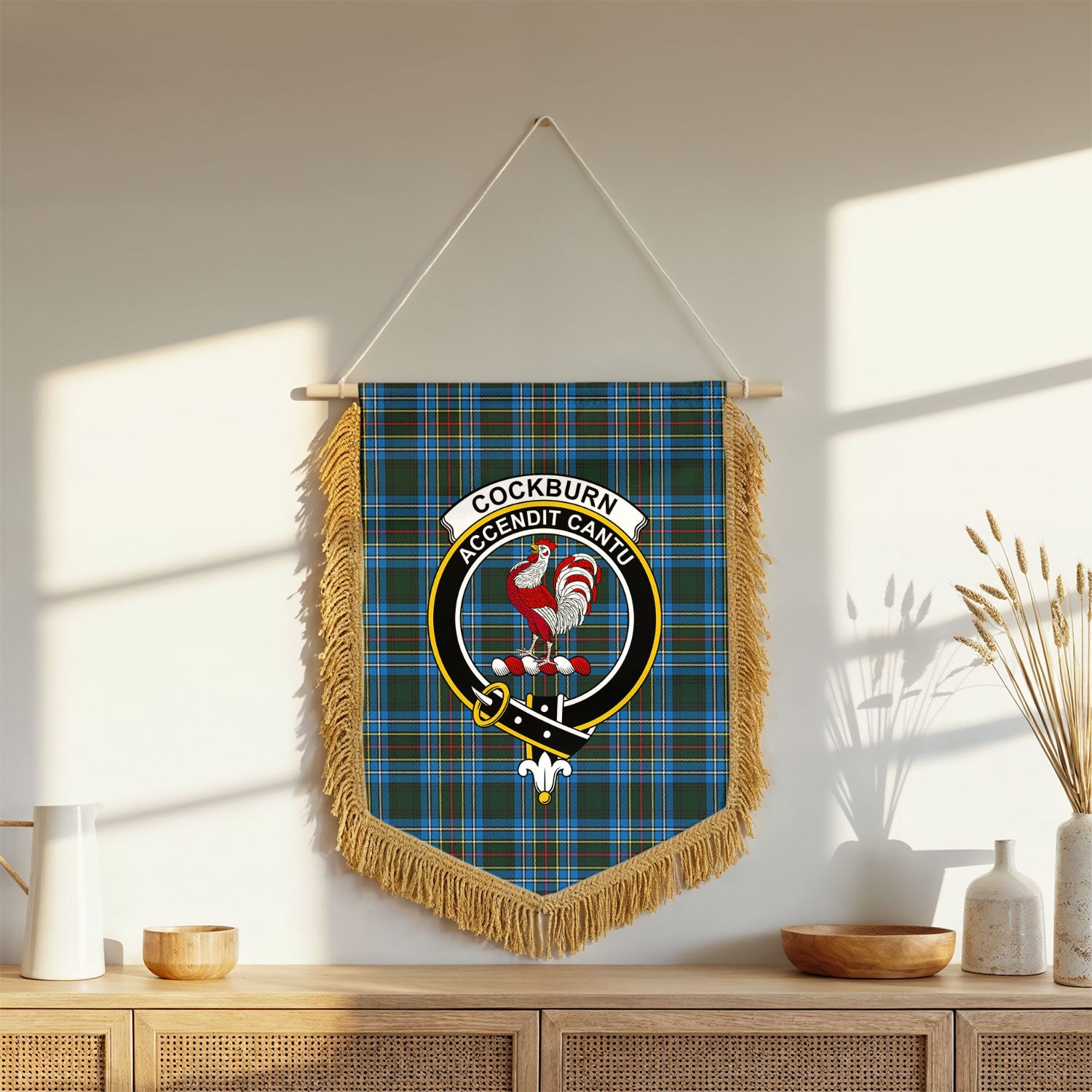 Cockburn Modern Tartan Crest Wall Hanging Banner - Wood Pole