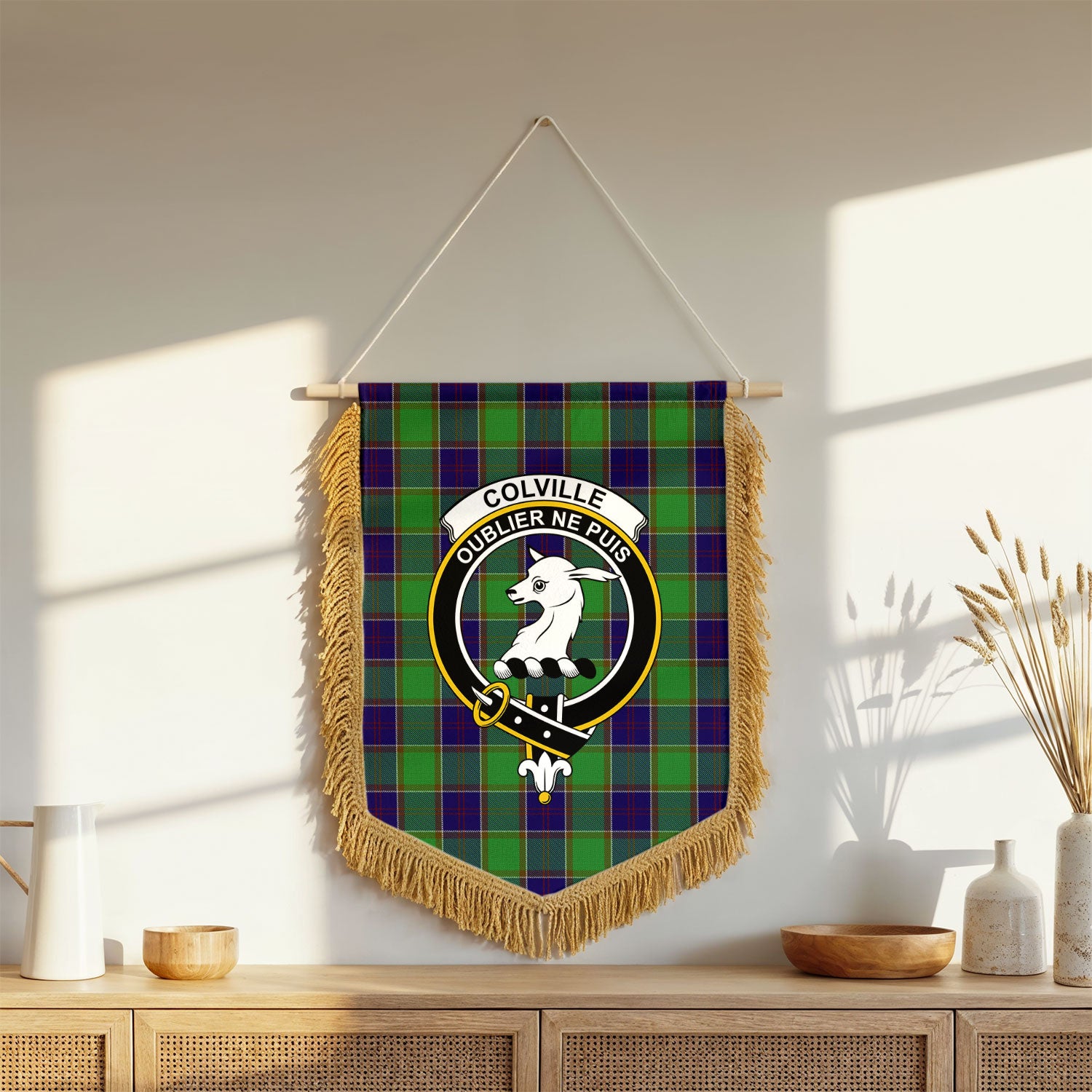 Colville Tartan Crest Wall Hanging Banner - Wood Pole