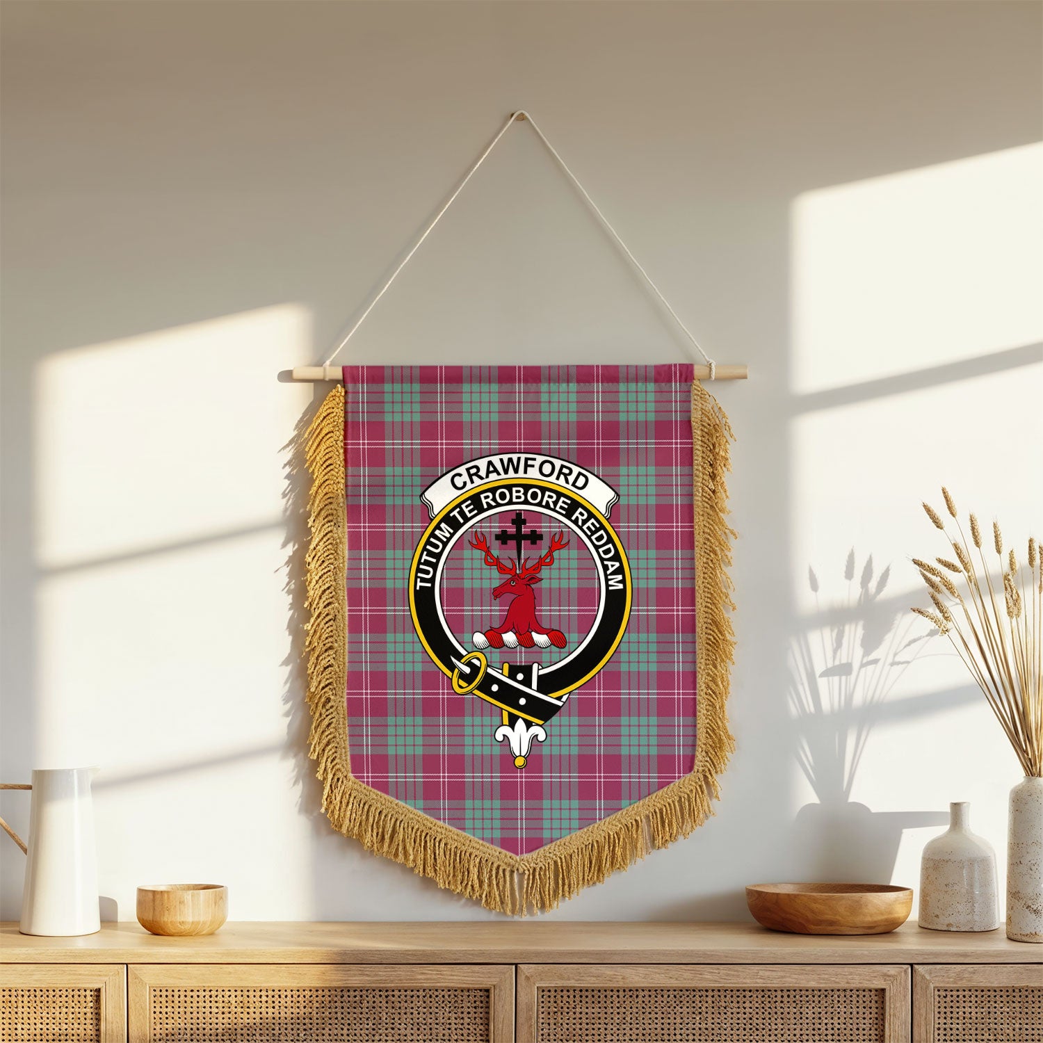 Crawford Ancient Tartan Crest Wall Hanging Banner - Wood Pole