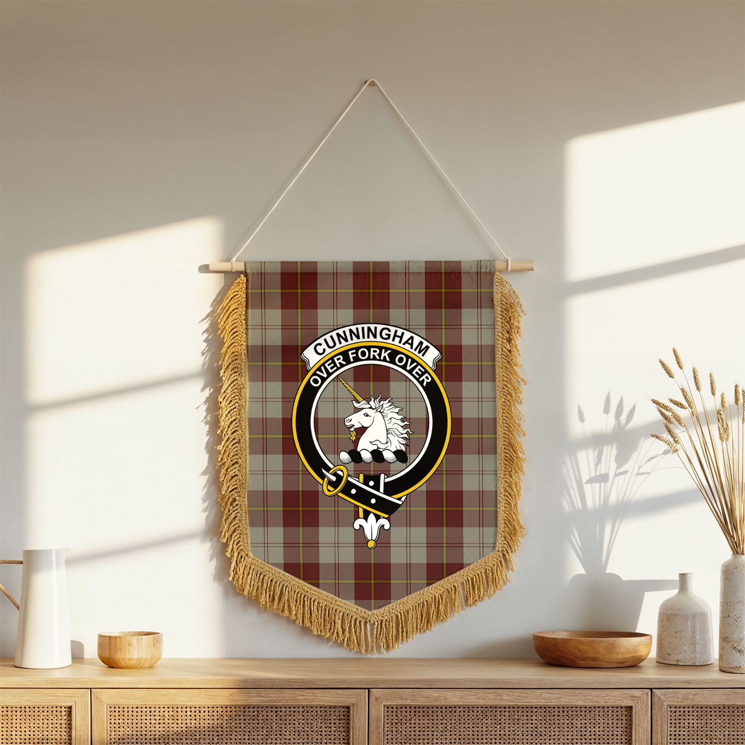 Cunningham Burgundy Dancers Tartan Crest Wall Hanging Banner - Wood Pole