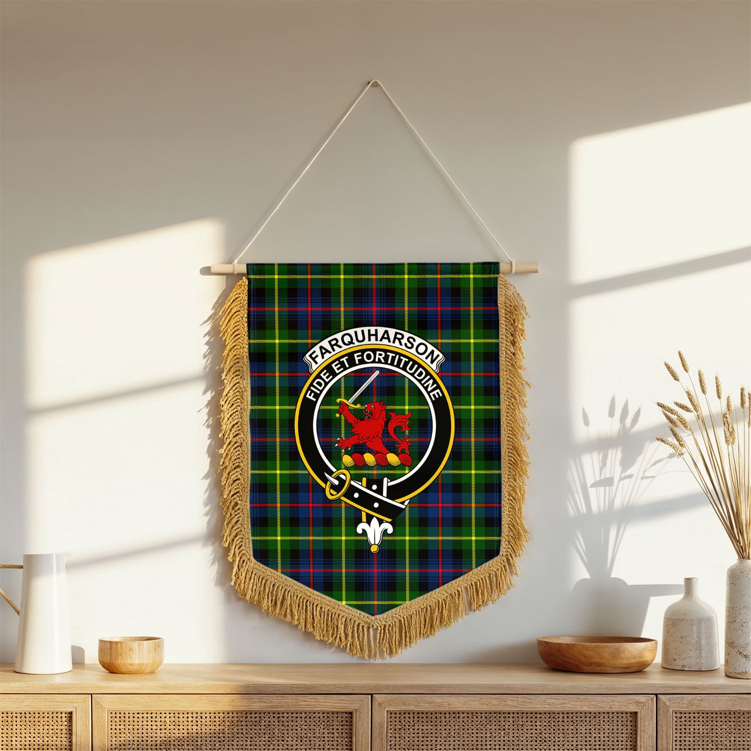 Farquharson Modern Tartan Crest Wall Hanging Banner - Wood Pole