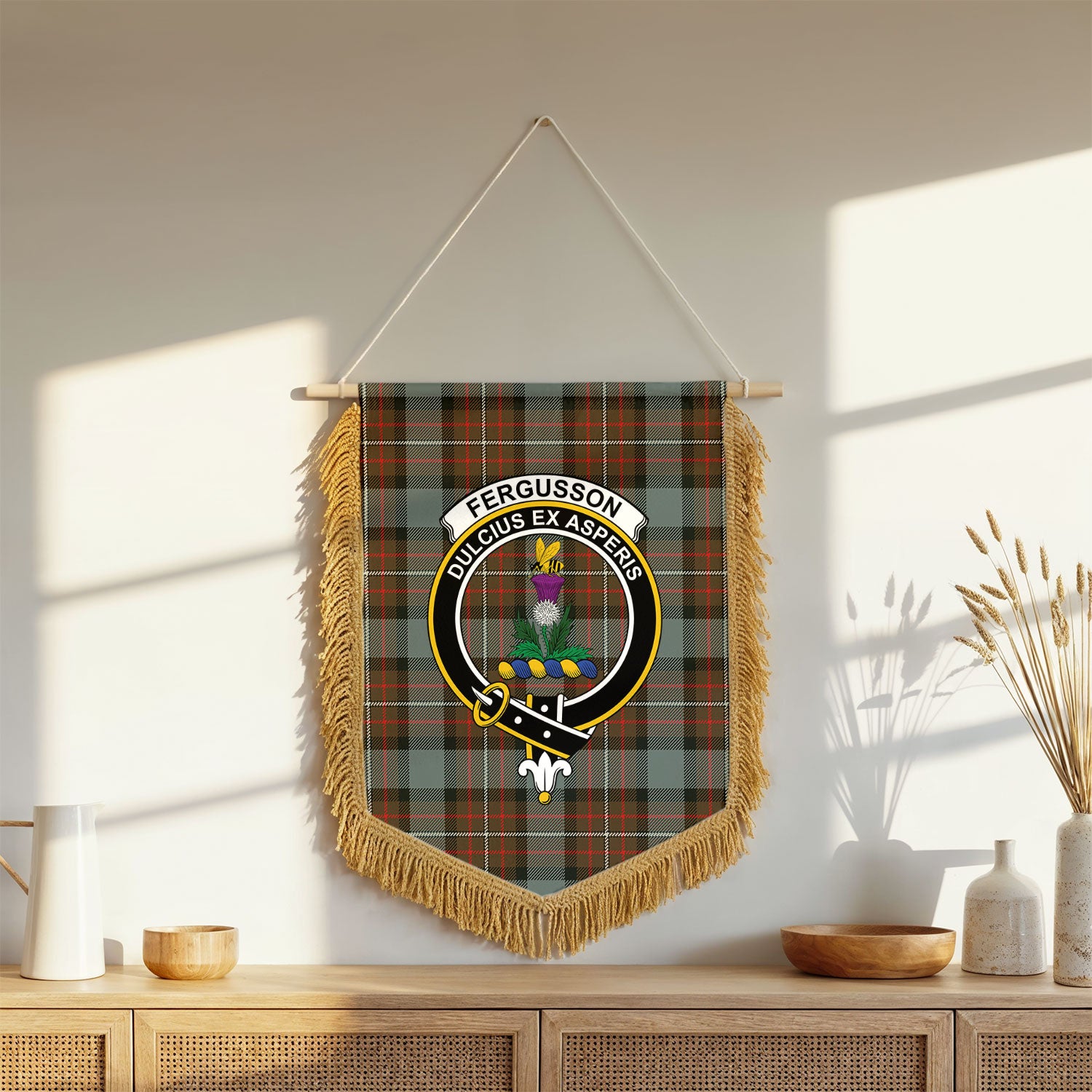 Fergusson Weathered Tartan Crest Wall Hanging Banner - Wood Pole