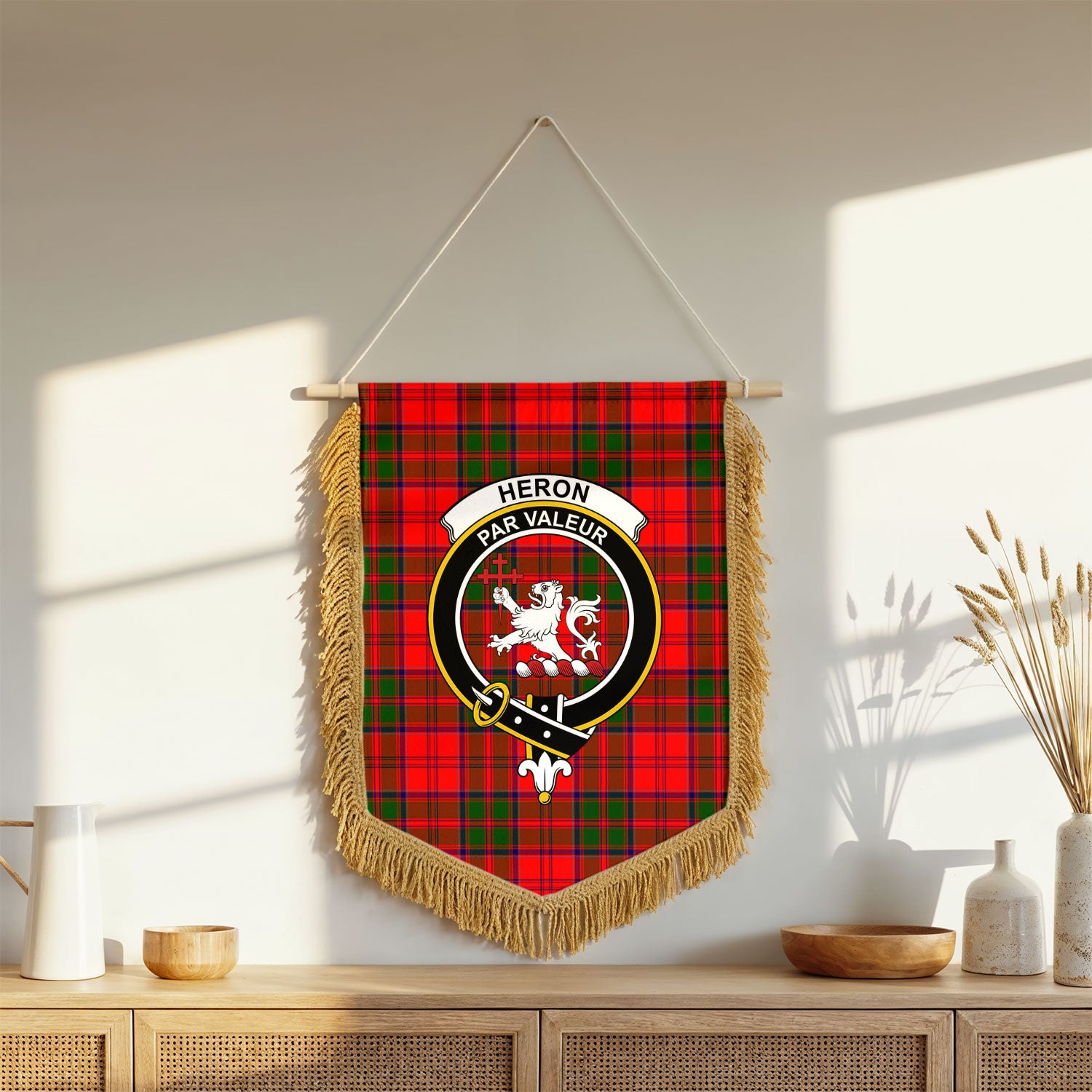 Heron Tartan Crest Wall Hanging Banner - Wood Pole