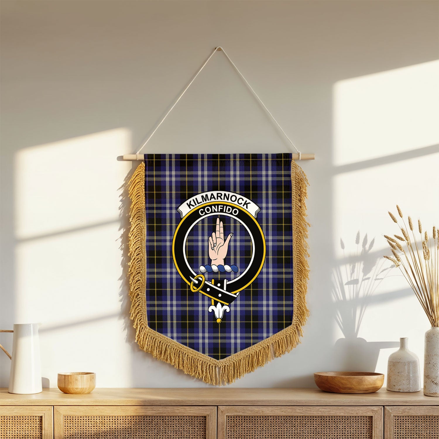 Kilmarnock Tartan Crest Wall Hanging Banner - Wood Pole