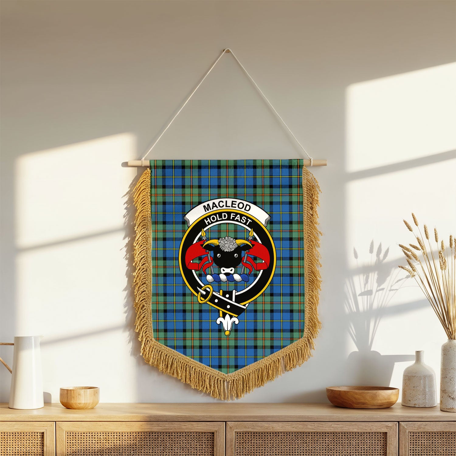 MacLeod of Harris Ancient Tartan Crest Wall Hanging Banner - Wood Pole