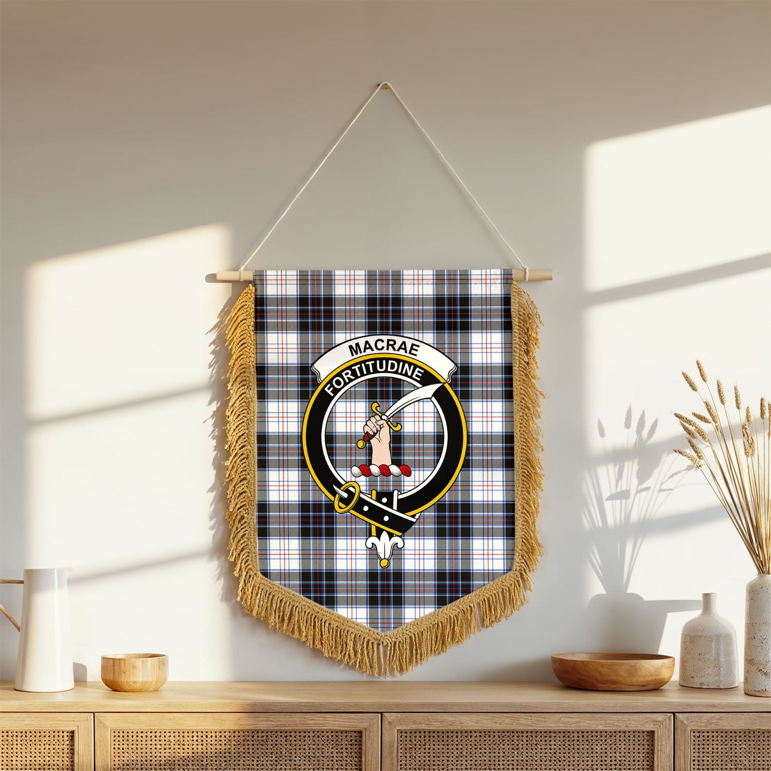 MacRae Dress Modern Tartan Crest Wall Hanging Banner - Wood Pole
