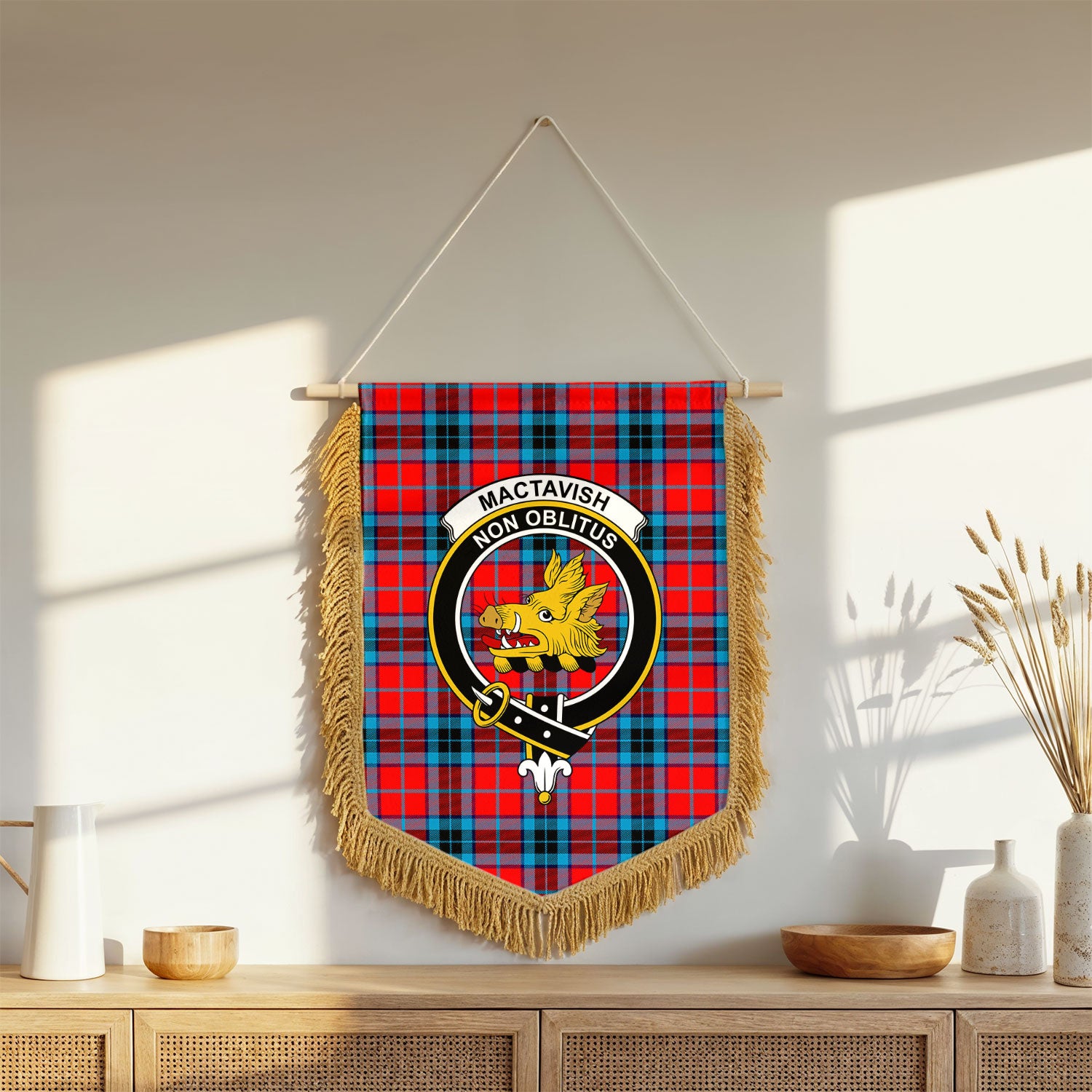 MacTavish Modern Tartan Crest Wall Hanging Banner - Wood Pole