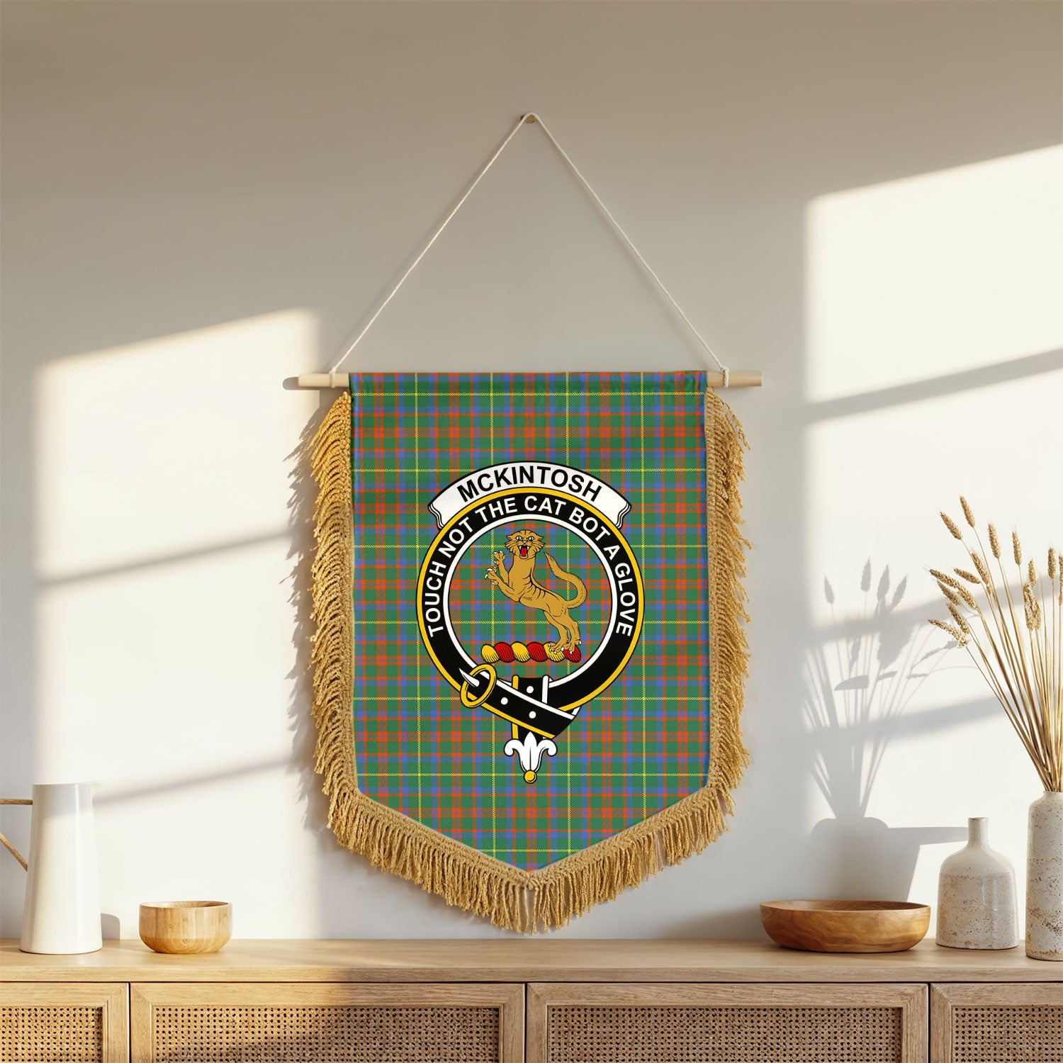 McKintosh Hunting Ancient Tartan Crest Wall Hanging Banner - Wood Pole