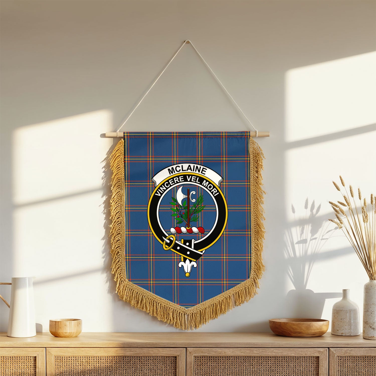 McLaine of Loch Buie Hunting Ancient Tartan Crest Wall Hanging Banner - Wood Pole