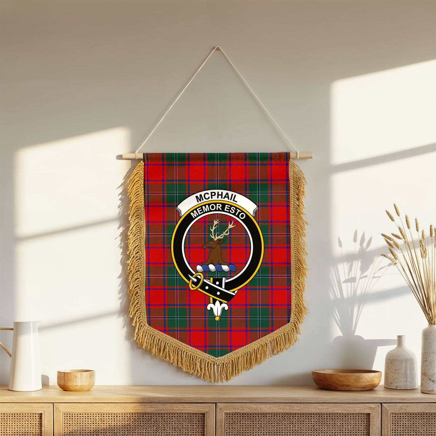 McPhail Clan Tartan Crest Wall Hanging Banner - Wood Pole