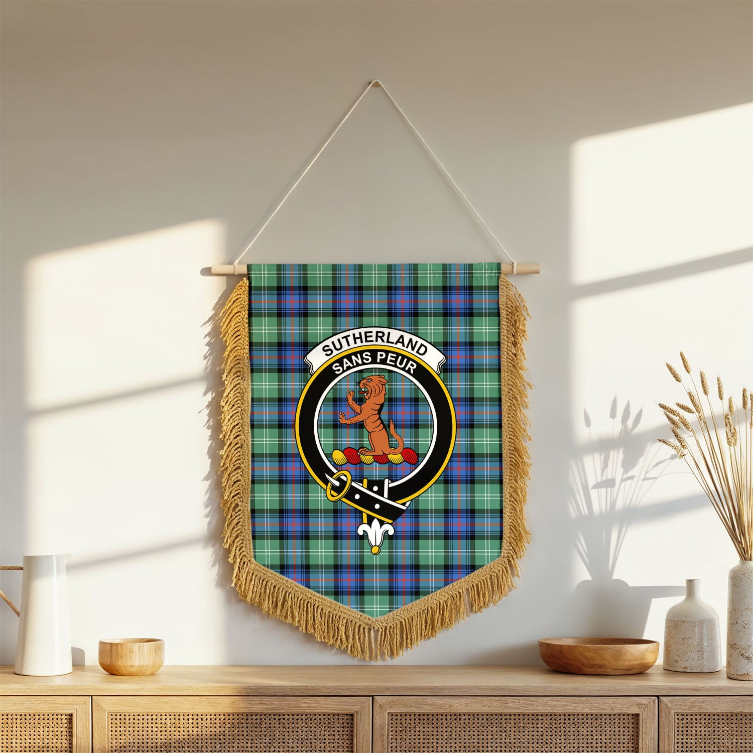 Sutherland Old Ancient Tartan Crest Wall Hanging Banner - Wood Pole