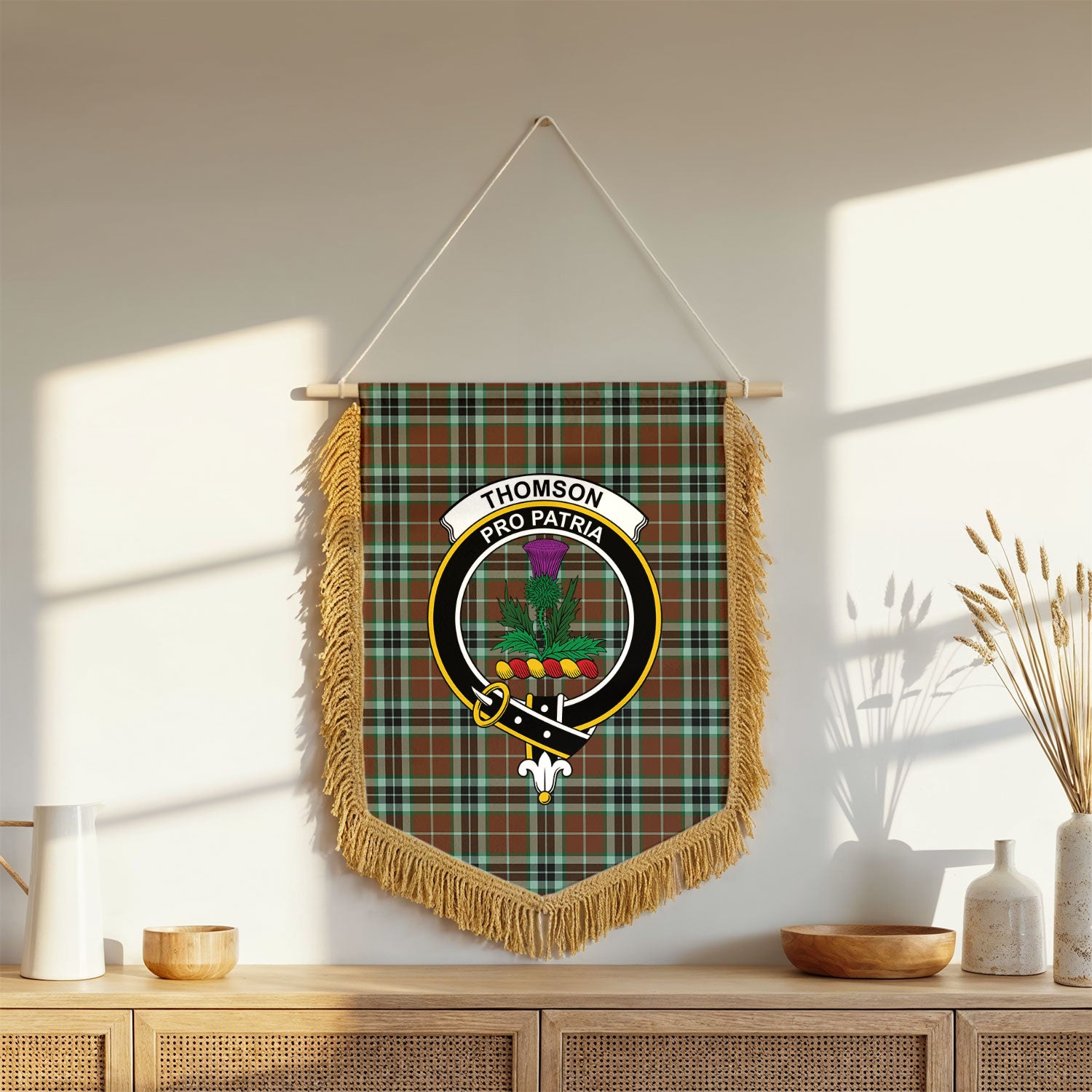 Thomson Hunting Modern Tartan Crest Wall Hanging Banner - Wood Pole