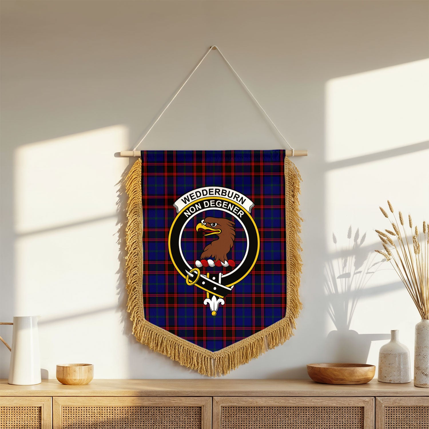 Wedderburn Tartan Crest Wall Hanging Banner - Wood Pole