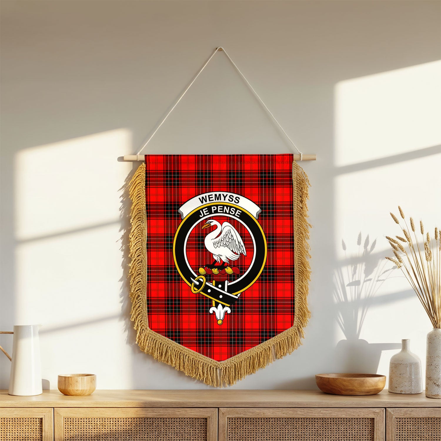 Wemyss Modern Tartan Crest Wall Hanging Banner - Wood Pole