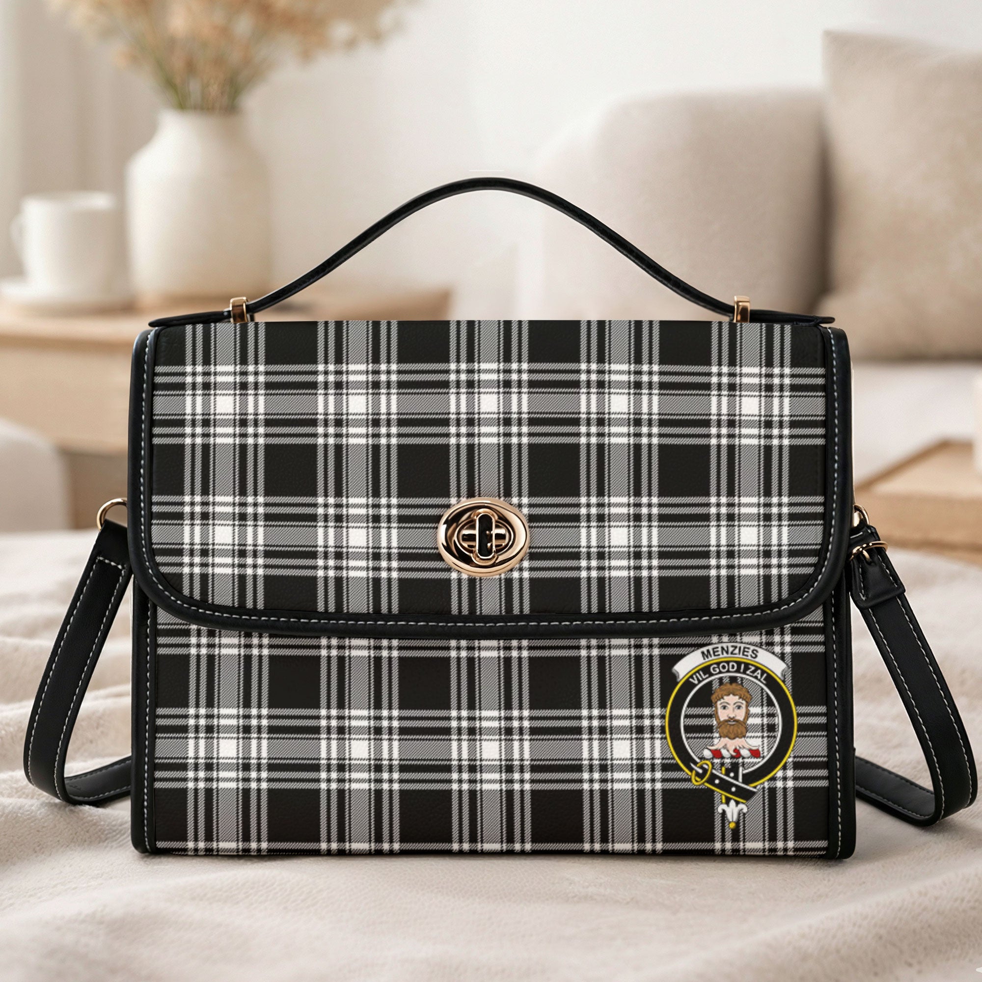 Menzies Black - White Modern Tartan Crest Satchel Bag