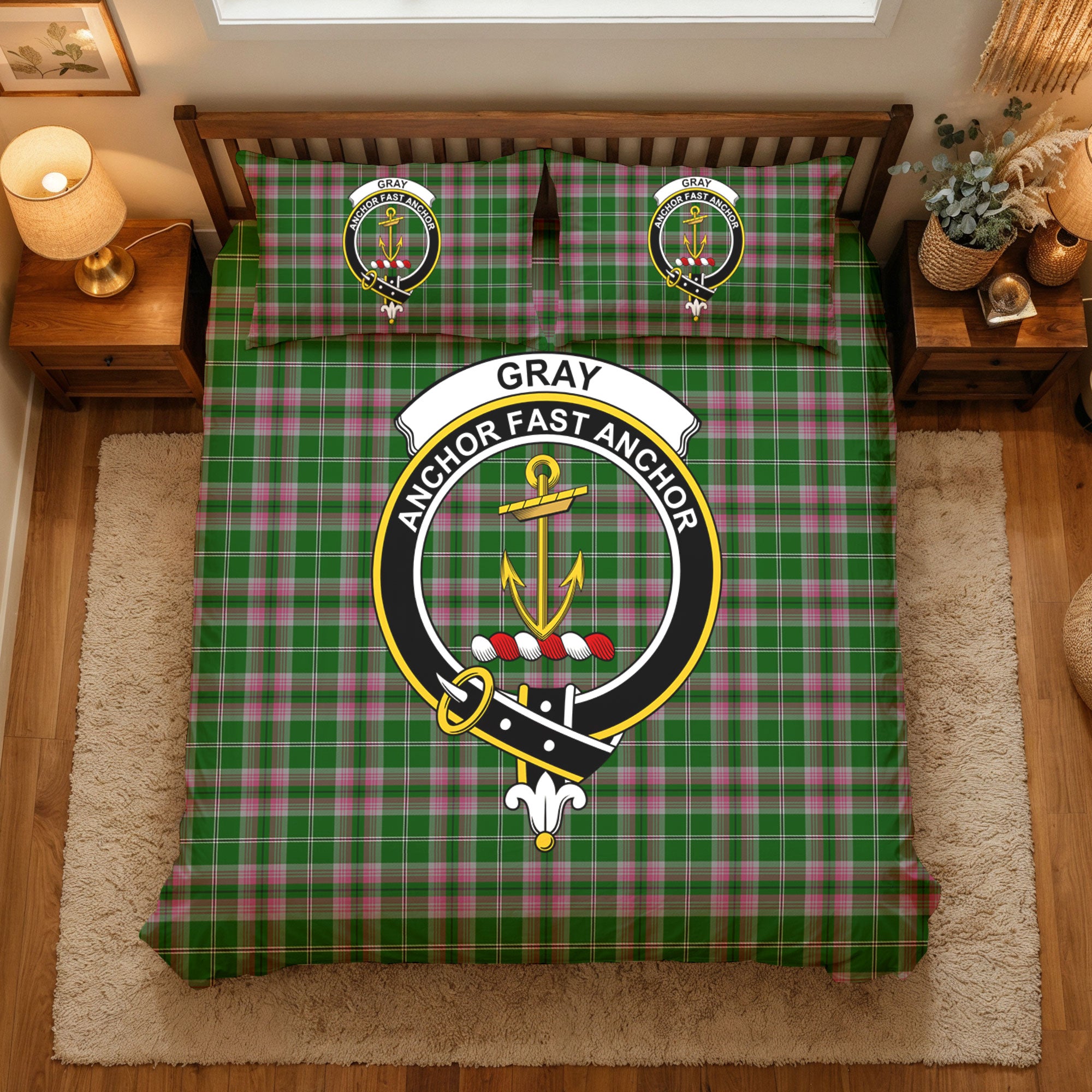 Gray Hunting Tartan Crest Bedding Set