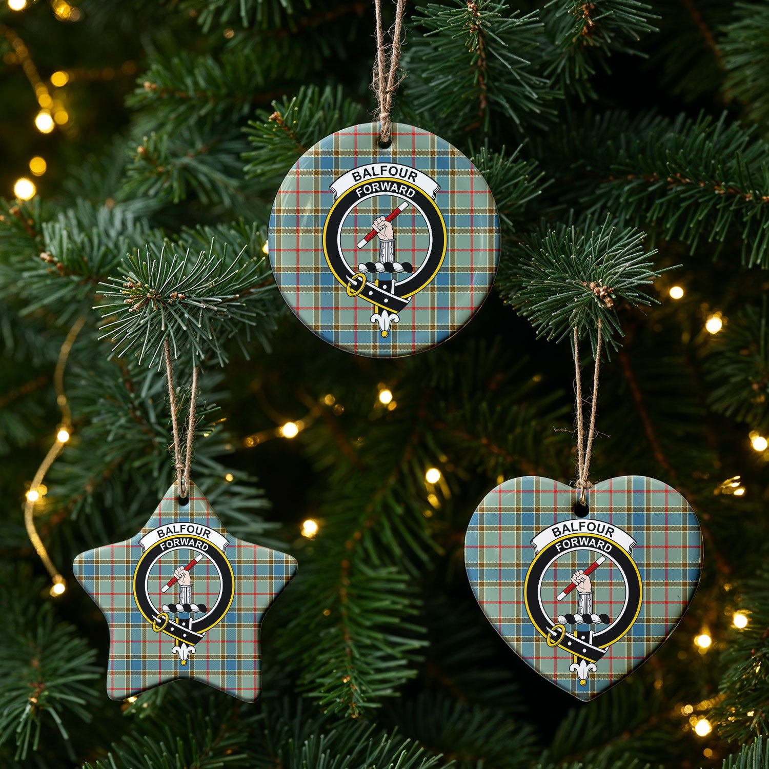 Balfour Blue Tartan Crest Christmas Ceramic Ornament