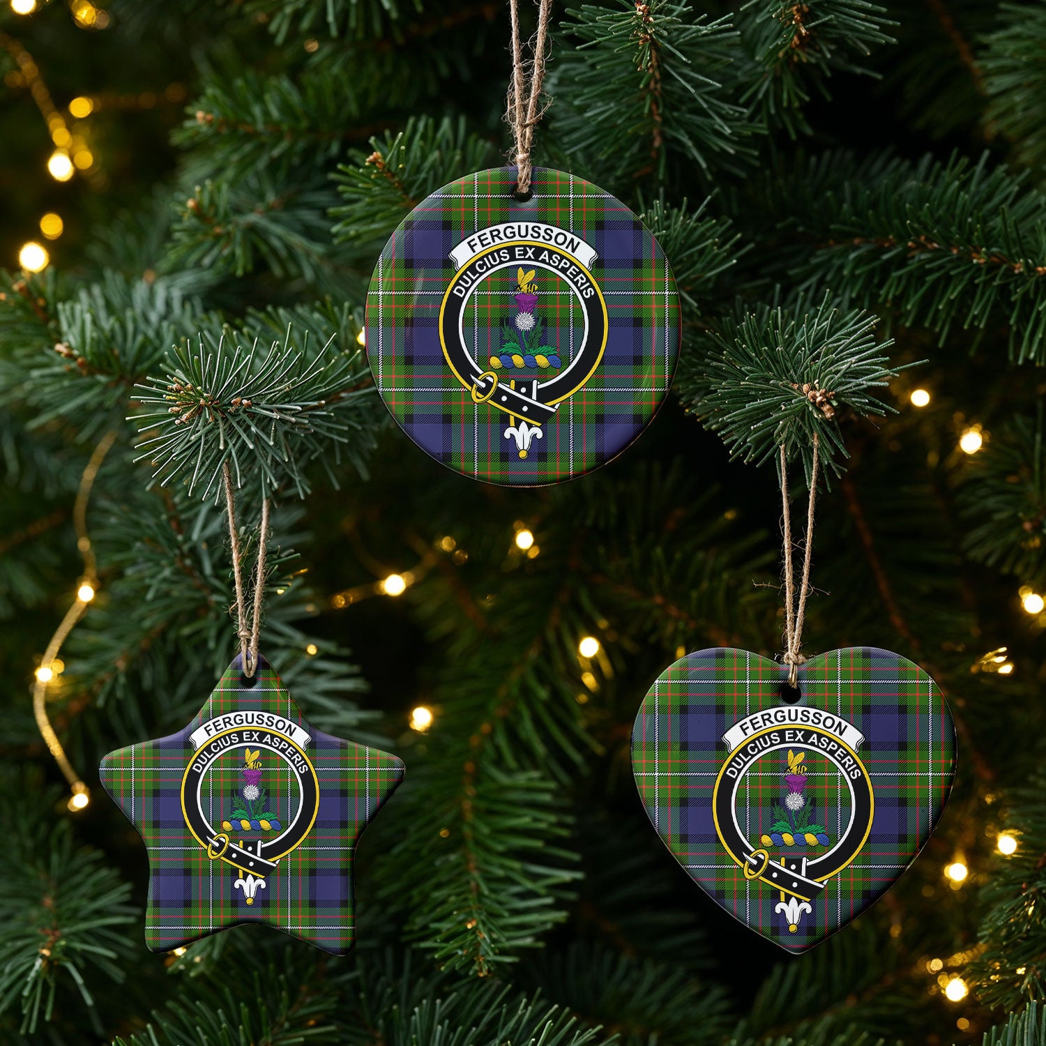 Fergusson Modern Tartan Crest Christmas Ceramic Ornament