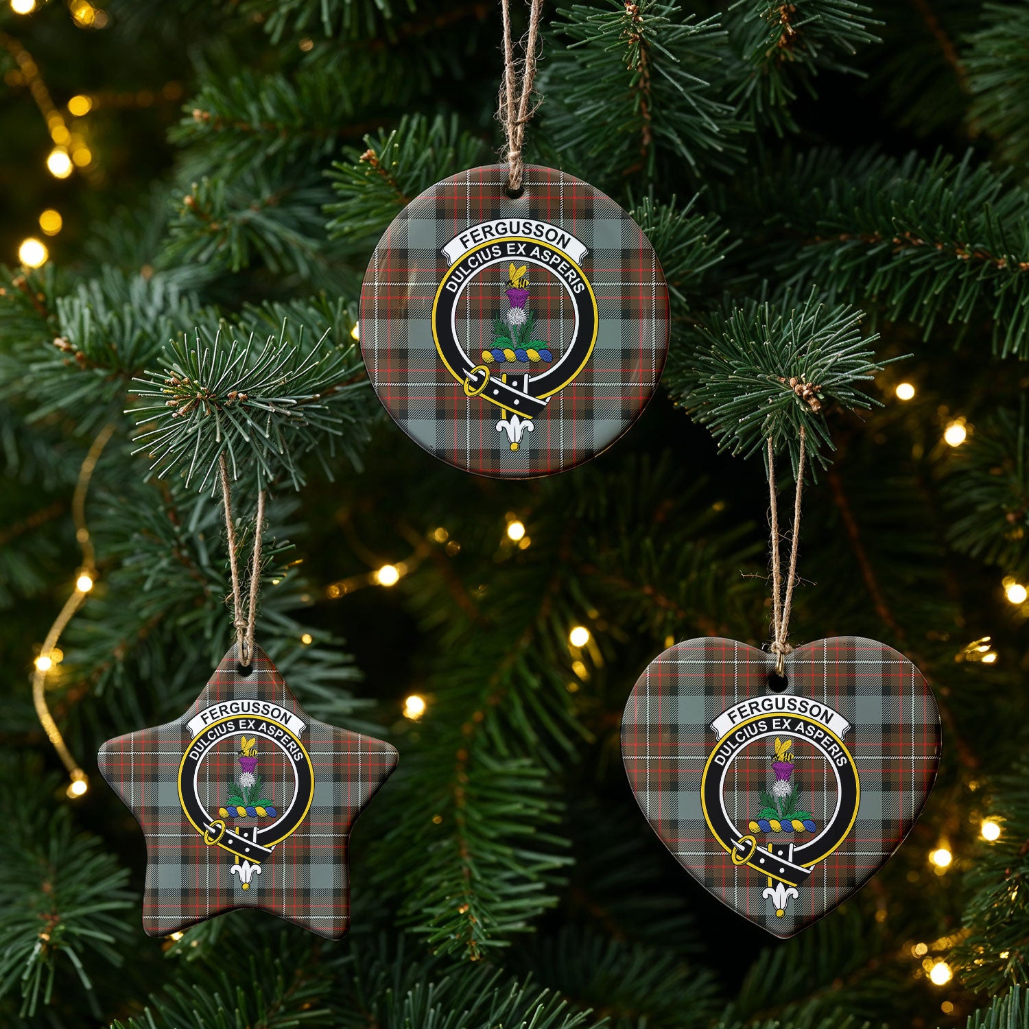 Fergusson Weathered Tartan Crest Christmas Ceramic Ornament