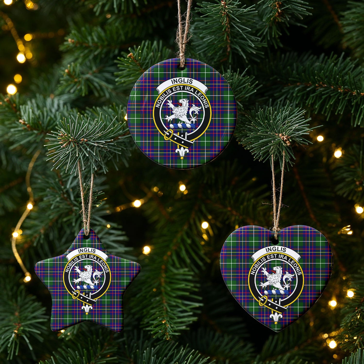 Inglis Modern Tartan Crest Christmas Ceramic Ornament