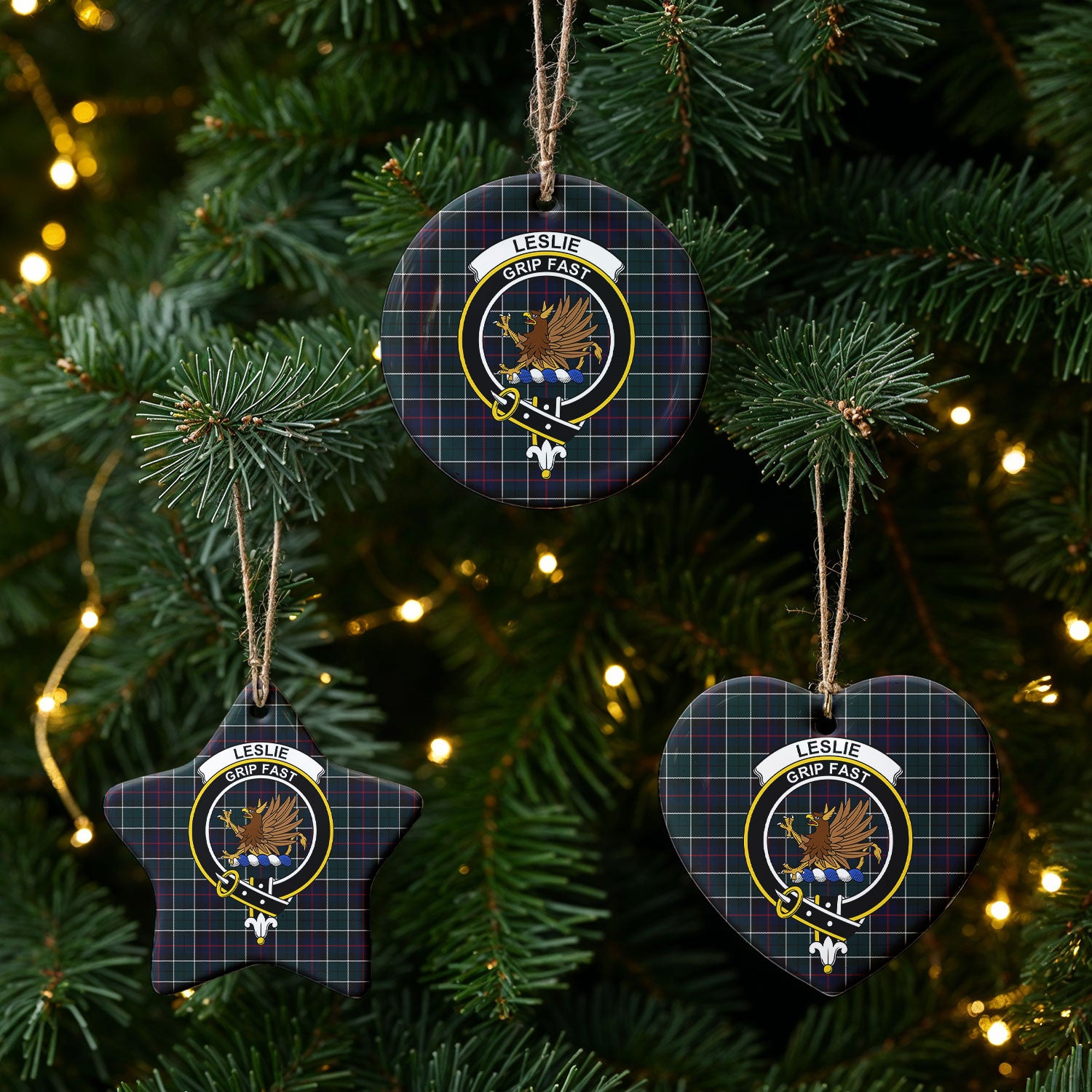 Leslie Hunting Modern Tartan Crest Christmas Ceramic Ornament