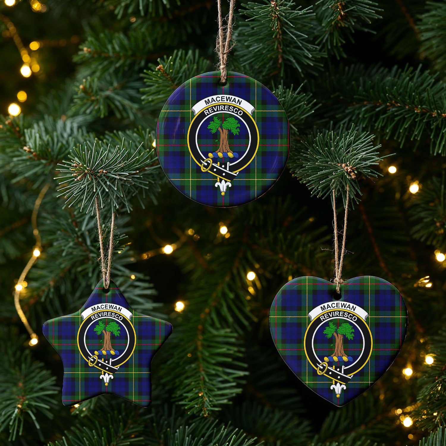 MacEwan Modern Tartan Crest Christmas Ceramic Ornament