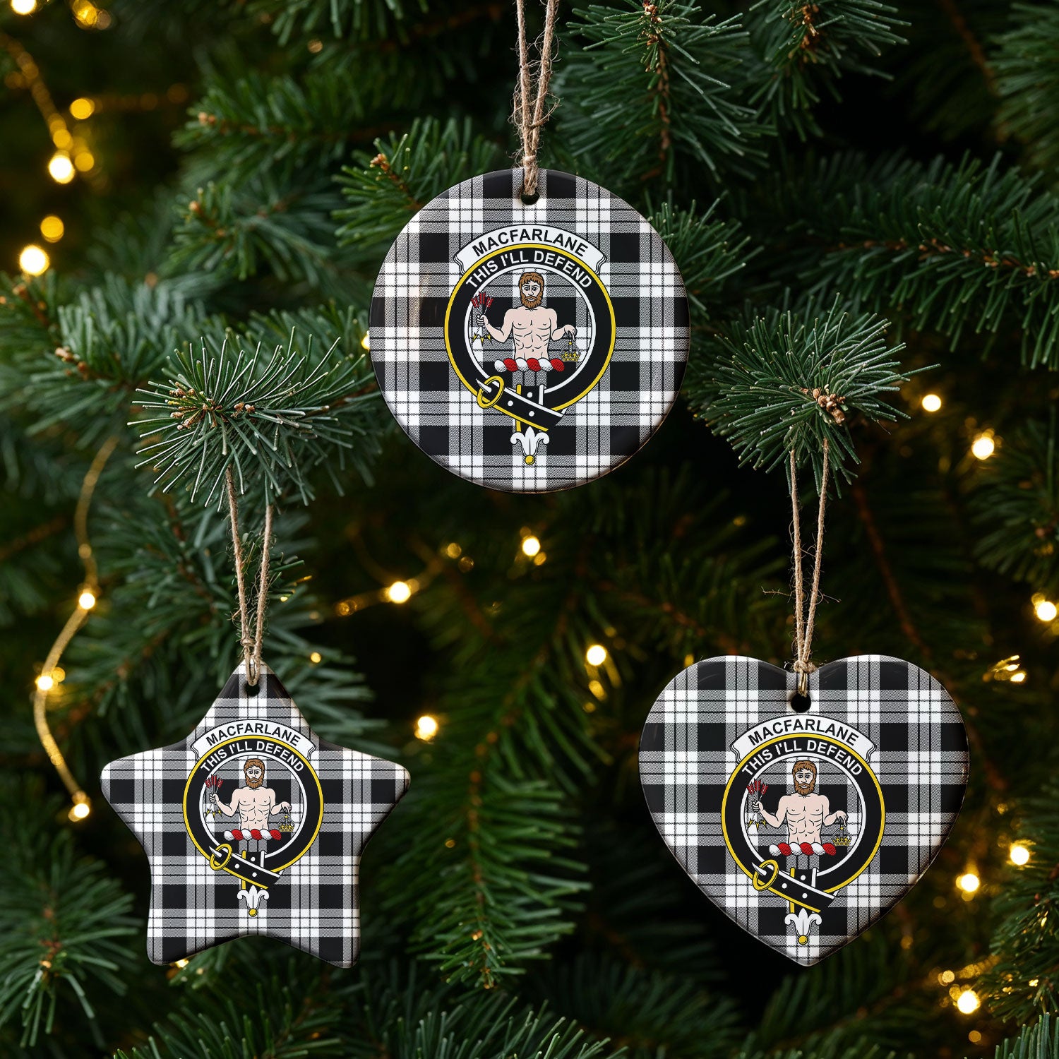 MacFarlane Black - White Tartan Crest Christmas Ceramic Ornament