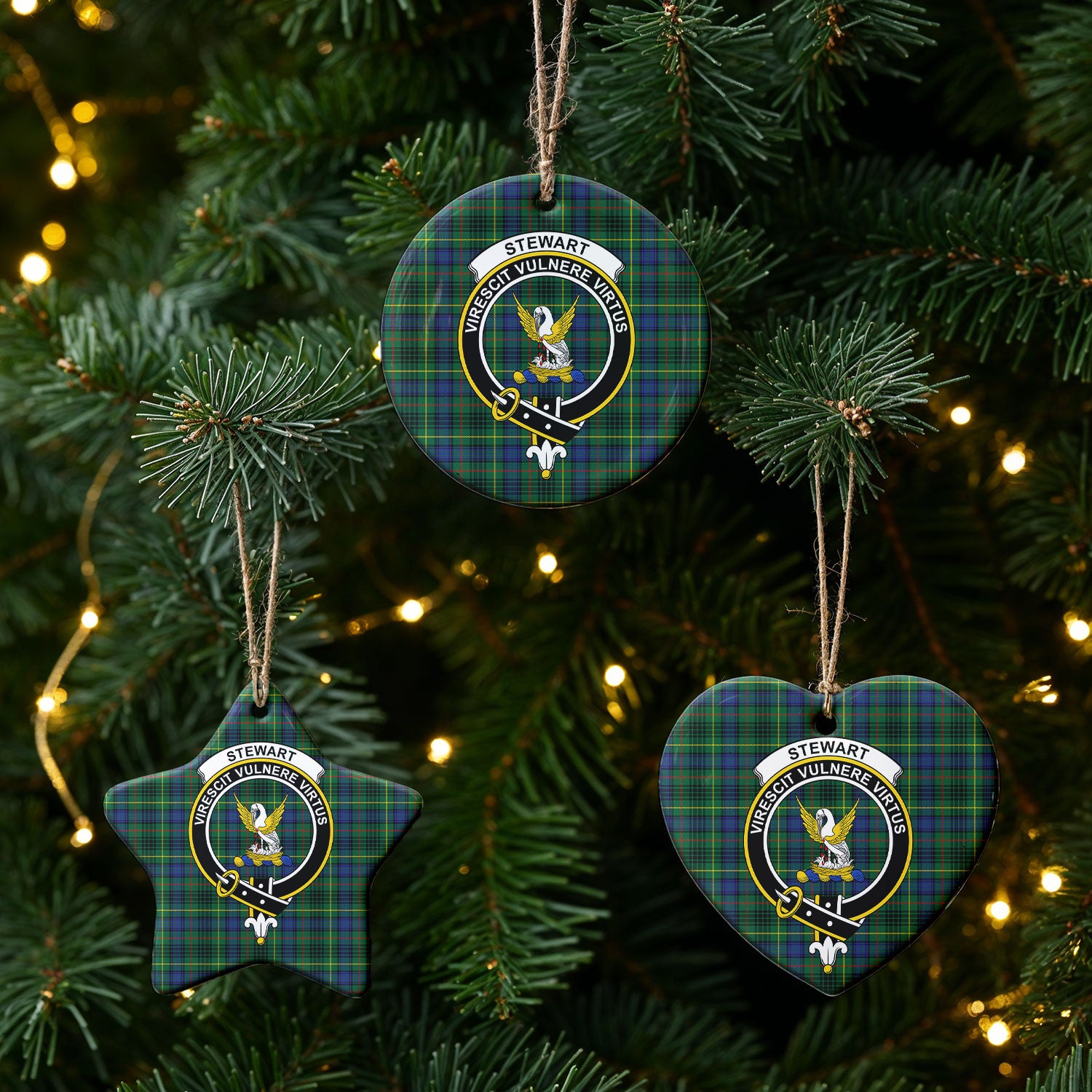 Stewart Hunting Modern Tartan Crest Christmas Ceramic Ornament