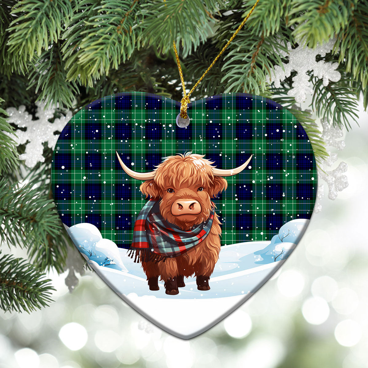 Abercrombie Tartan Christmas Ceramic Ornament - Highland Cows Snow Style