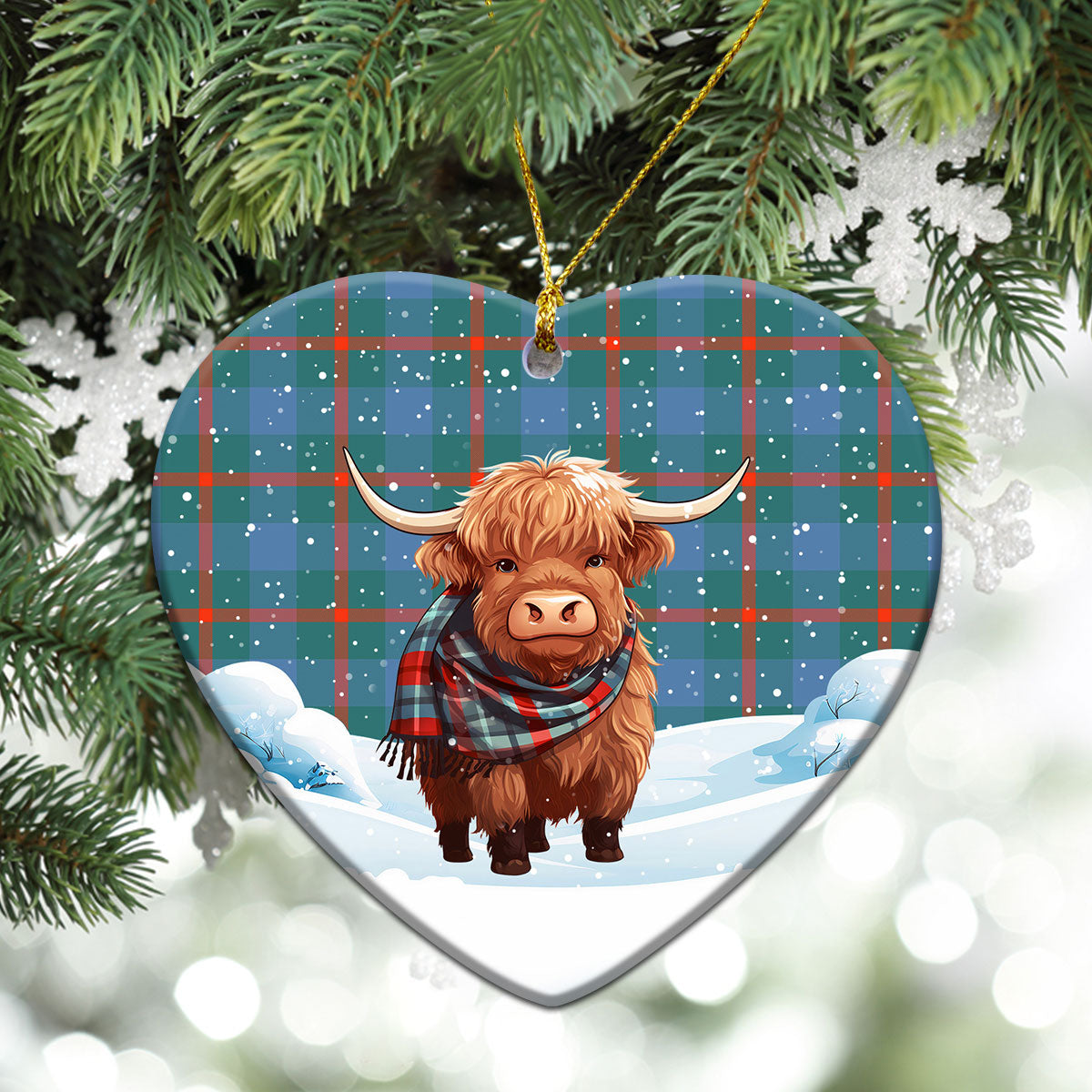 Agnew Ancient Tartan Christmas Ceramic Ornament - Highland Cows Snow Style
