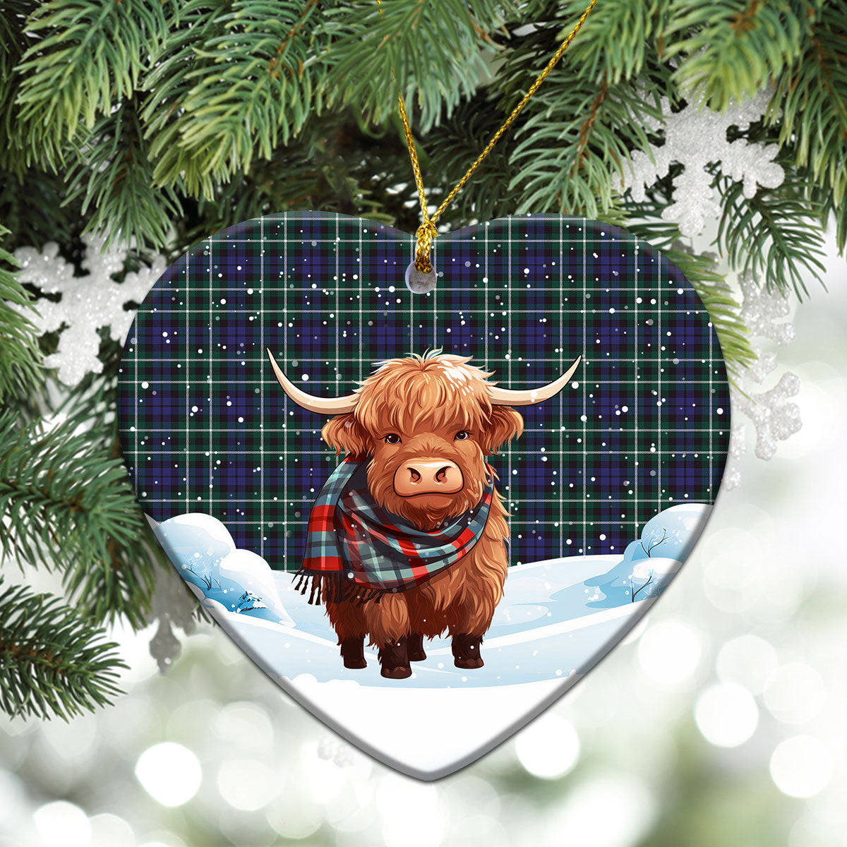 Allardice Tartan Christmas Ceramic Ornament - Highland Cows Snow Style