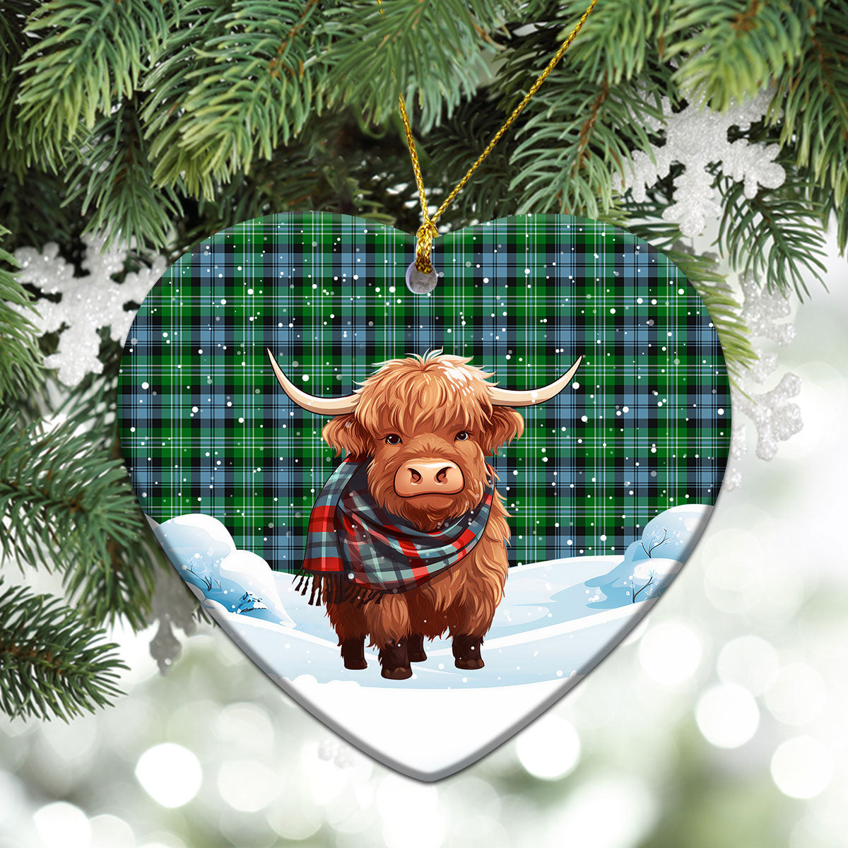 Arbuthnot Ancient Tartan Christmas Ceramic Ornament - Highland Cows Snow Style