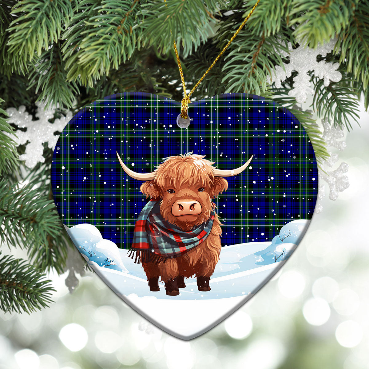 Arbuthnot Modern Tartan Christmas Ceramic Ornament - Highland Cows Snow Style