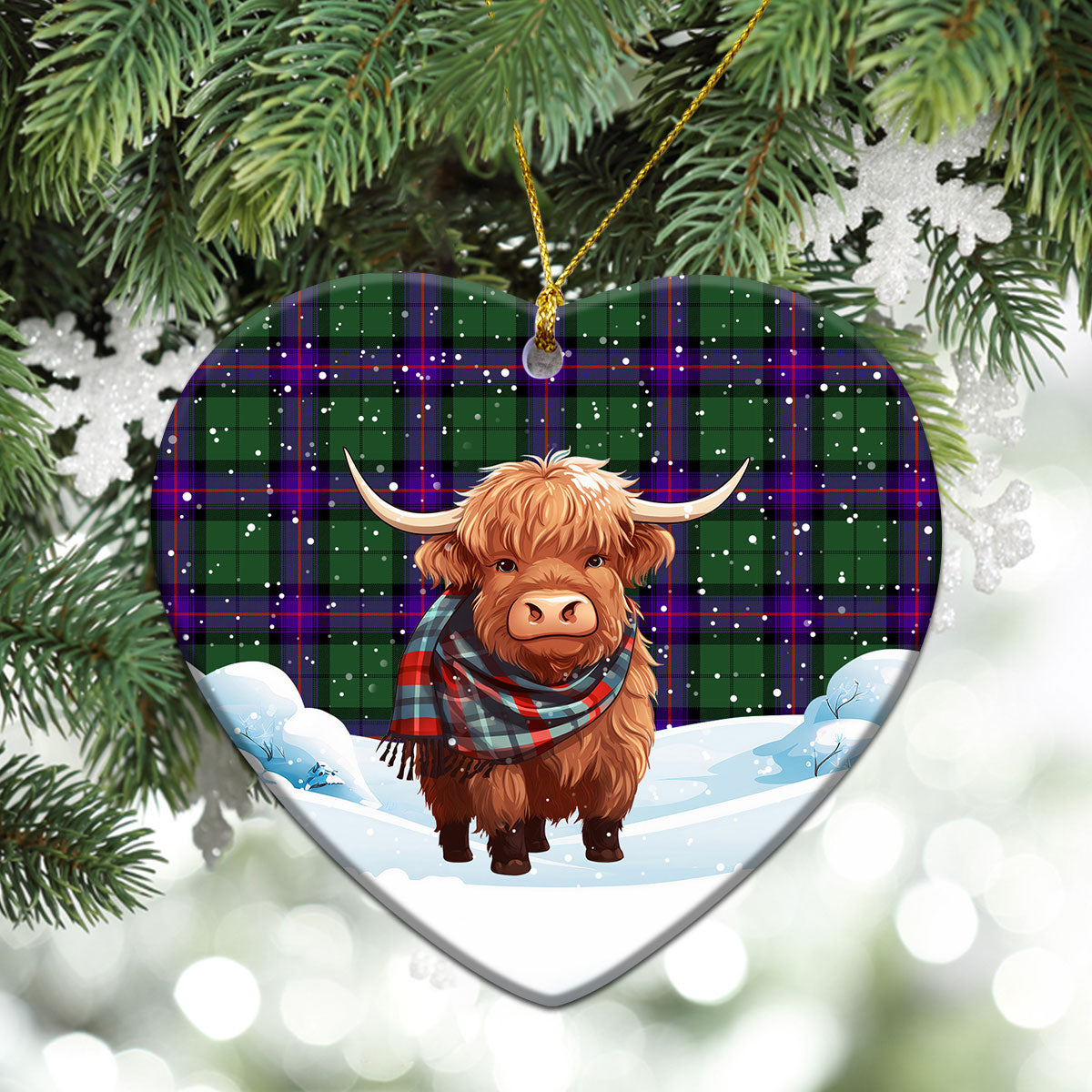 Armstrong Modern Tartan Christmas Ceramic Ornament - Highland Cows Snow Style