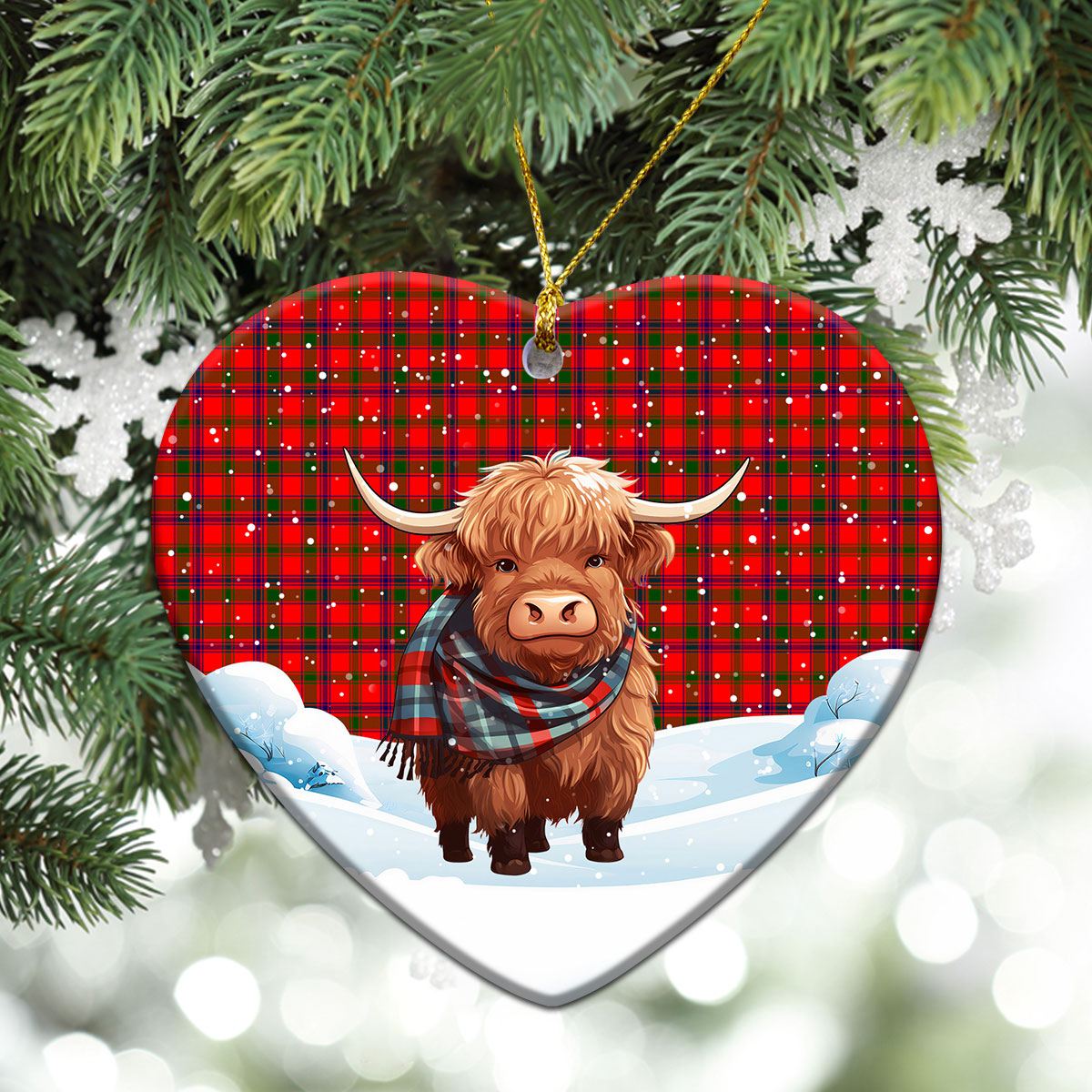 Bain Tartan Christmas Ceramic Ornament - Highland Cows Snow Style