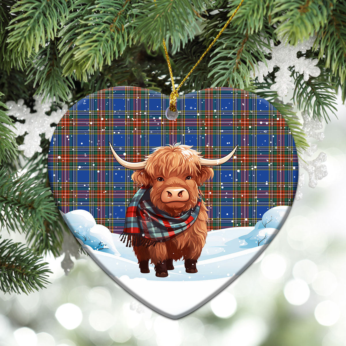 Bethune Ancient Tartan Christmas Ceramic Ornament - Highland Cows Snow Style