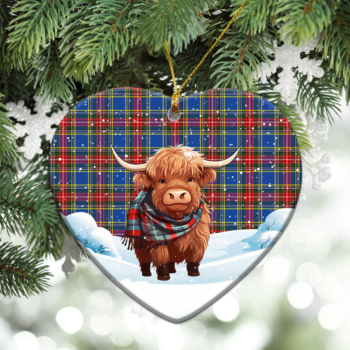 Bethune Modern Tartan Christmas Ceramic Ornament - Highland Cows Snow Style