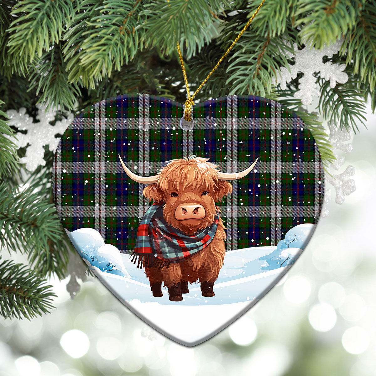 Blair Dress Tartan Christmas Ceramic Ornament - Highland Cows Snow Style