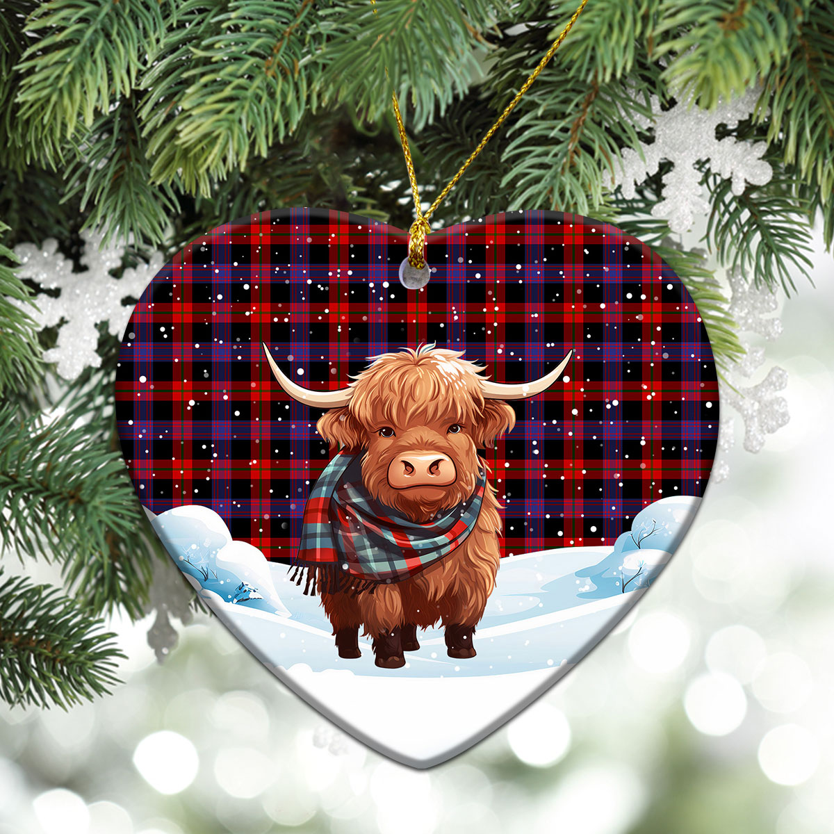 Broun Modern Tartan Christmas Ceramic Ornament - Highland Cows Snow Style