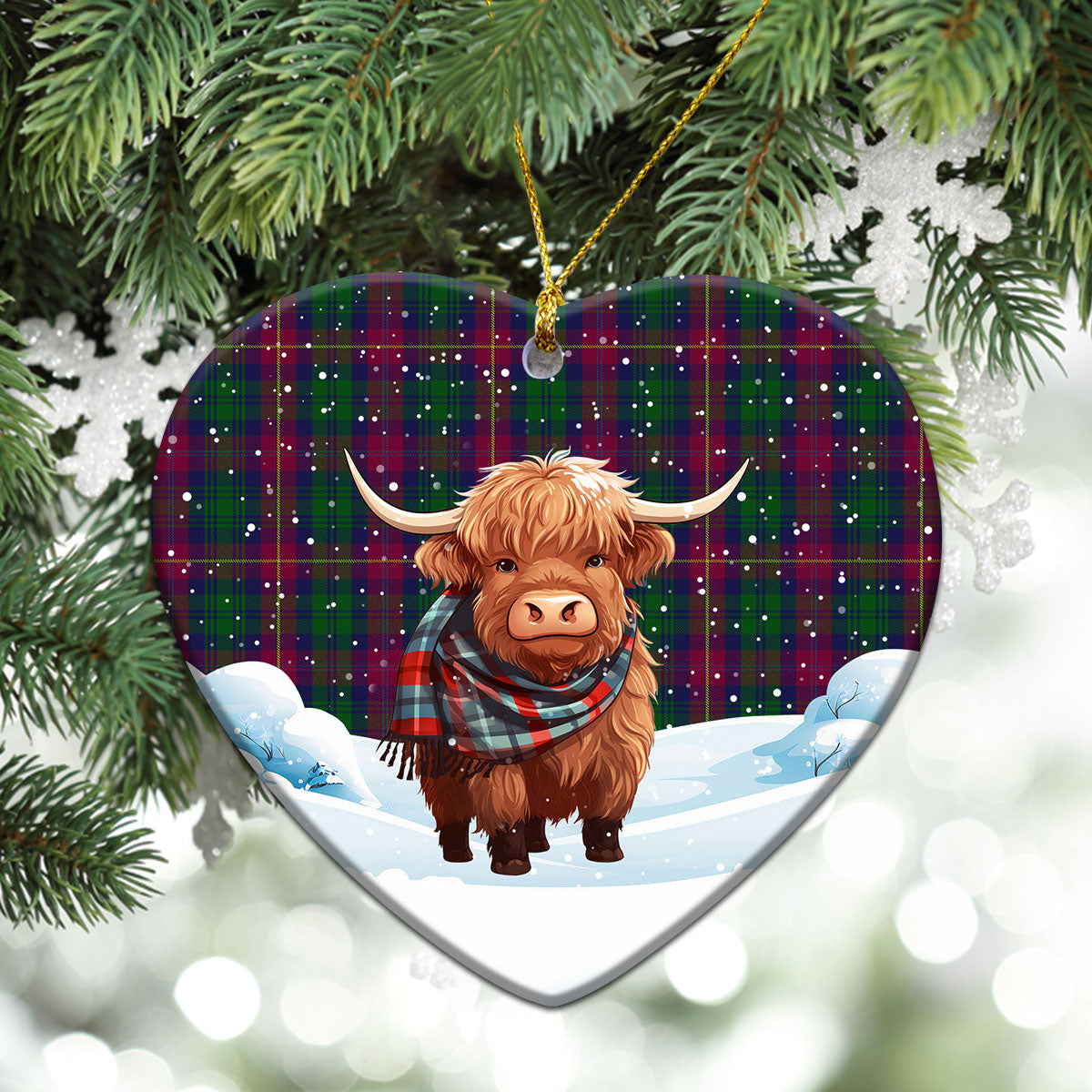 Cairns Tartan Christmas Ceramic Ornament - Highland Cows Snow Style