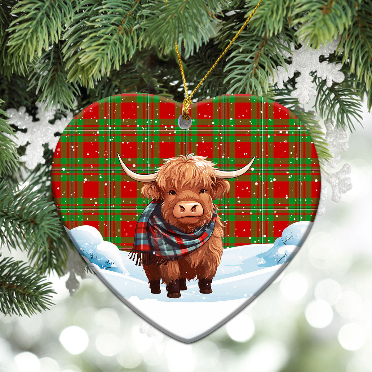 Callander Tartan Christmas Ceramic Ornament - Highland Cows Snow Style